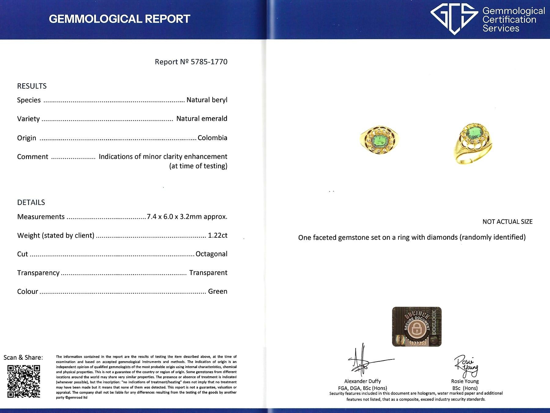 1.22 Carat Colombian Emerald Diamond Yellow Gold Cocktail Ring For Sale 5