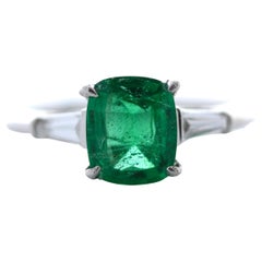1.22 Carat Cushion Cut Emerald & Baguette Ring in 18k White Gold