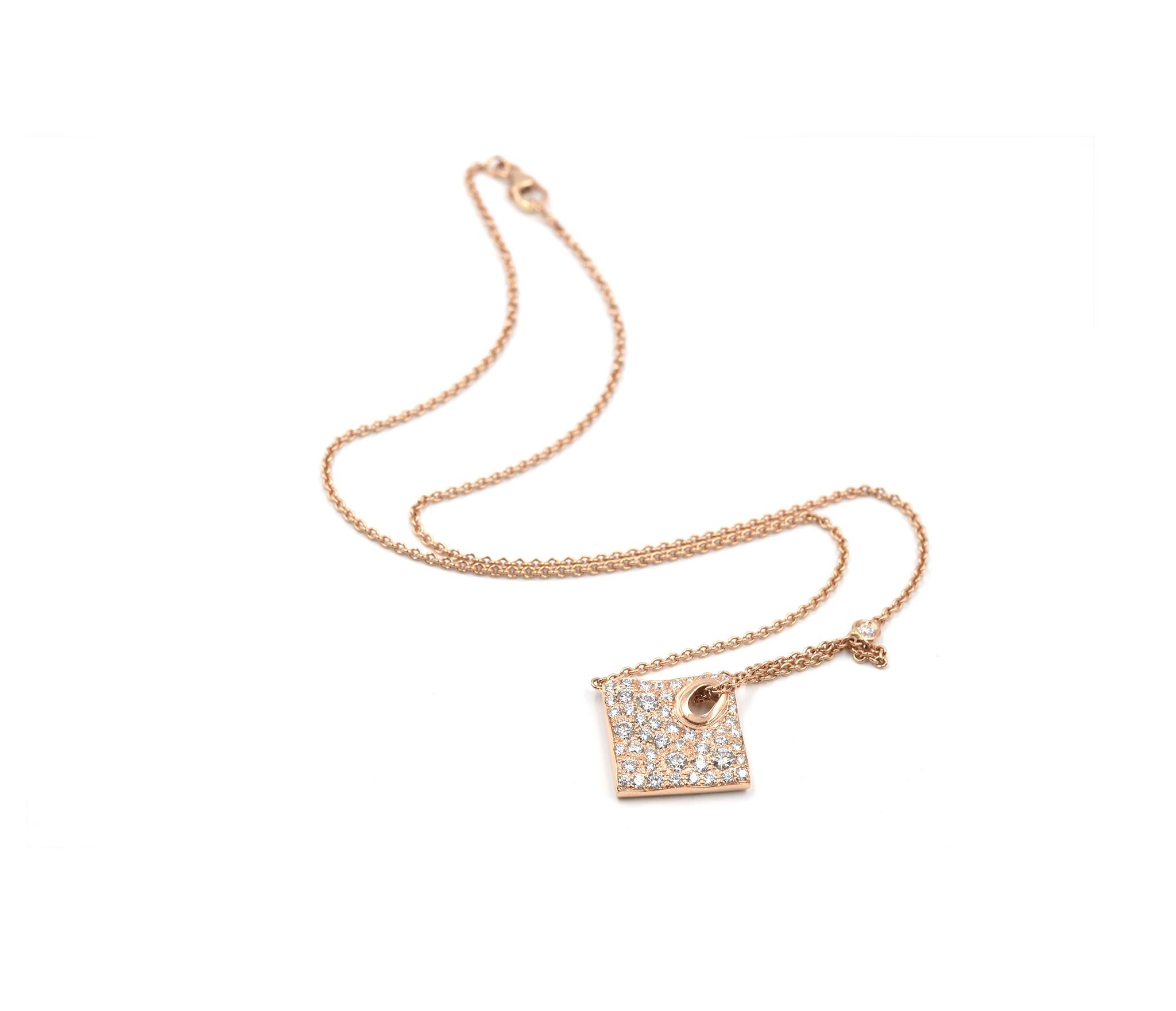 1.22 Carat Diamond 14 Karat Rose Gold Pave Set Diamond Square Necklace In Excellent Condition In Scottsdale, AZ