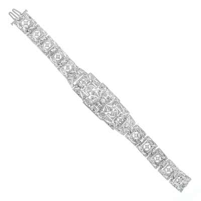 Art Deco Diamond Emerald Platinum Bracelet For Sale at 1stDibs