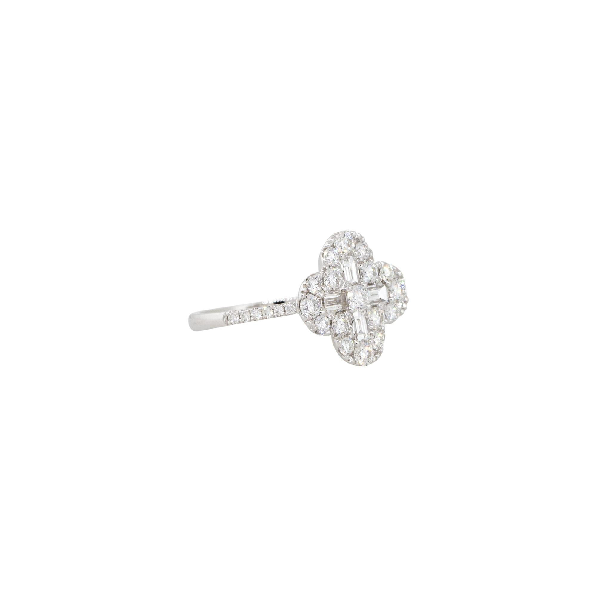 18k White Gold 1.22ctw Diamond Clover Style Ring

Style: Women's Diamond Clover Style Ring
Material: 18k White Gold
Main Diamond Details: Approximately 1.22ctw of Round Brilliant and Baguette Cut Diamonds. Diamonds are prong set and there are 33