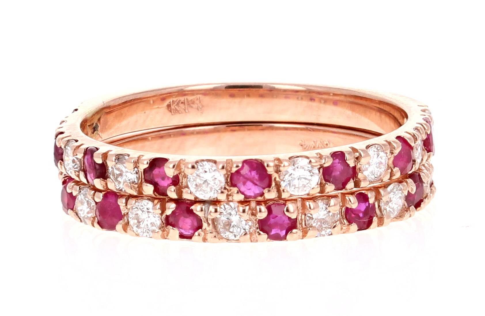Set of 2 Bands - Diamond and Ruby Rose Gold Stack-able Bands

Elegant and classy 1.22 Carat Diamond and Ruby bands that are sure to be a great addition to your accessory collection!   There are 16 Round Cut Diamonds that weigh 0.48 carats and 16