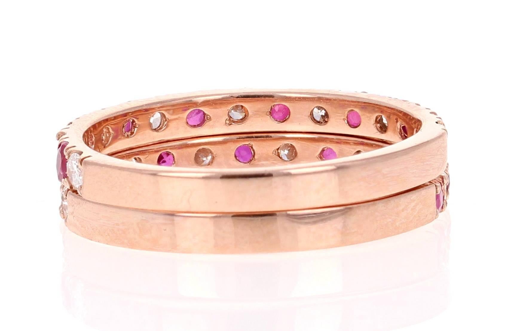 Modern 1.22 Carat Ruby Diamond 14K Rose Gold Stack-able Bands
