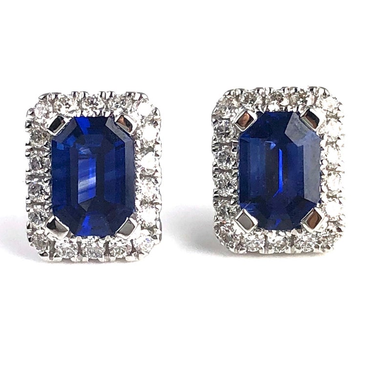 1.22 Carat Emerald Cut Blue Sapphire Earrings with Diamond Halo at ...