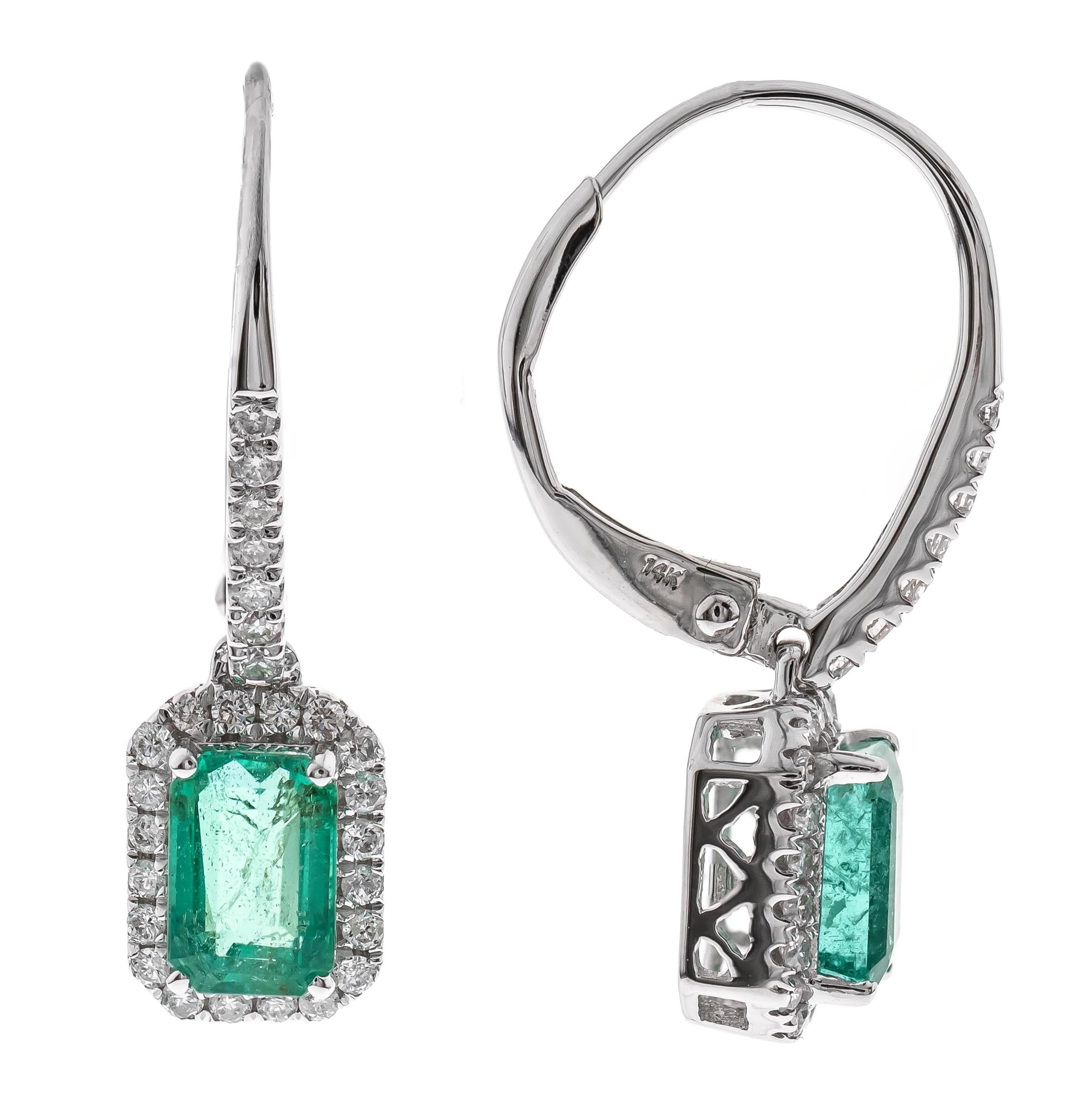 Art Deco 1.22 carat Emerald-cut Emerald With Diamond accents 14K White Gold Earring. For Sale