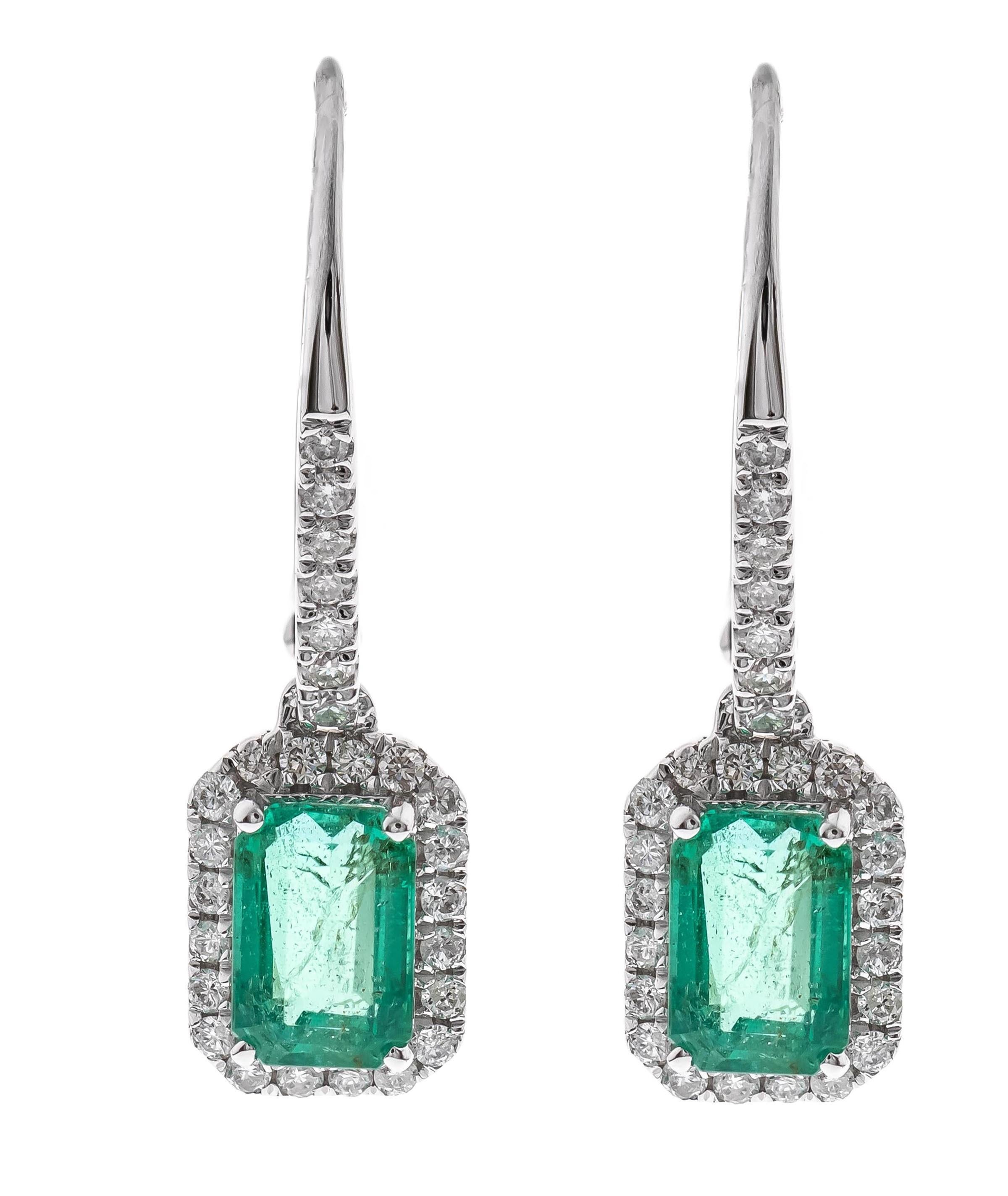 Emerald Cut 1.22 carat Emerald-cut Emerald With Diamond accents 14K White Gold Earring. For Sale