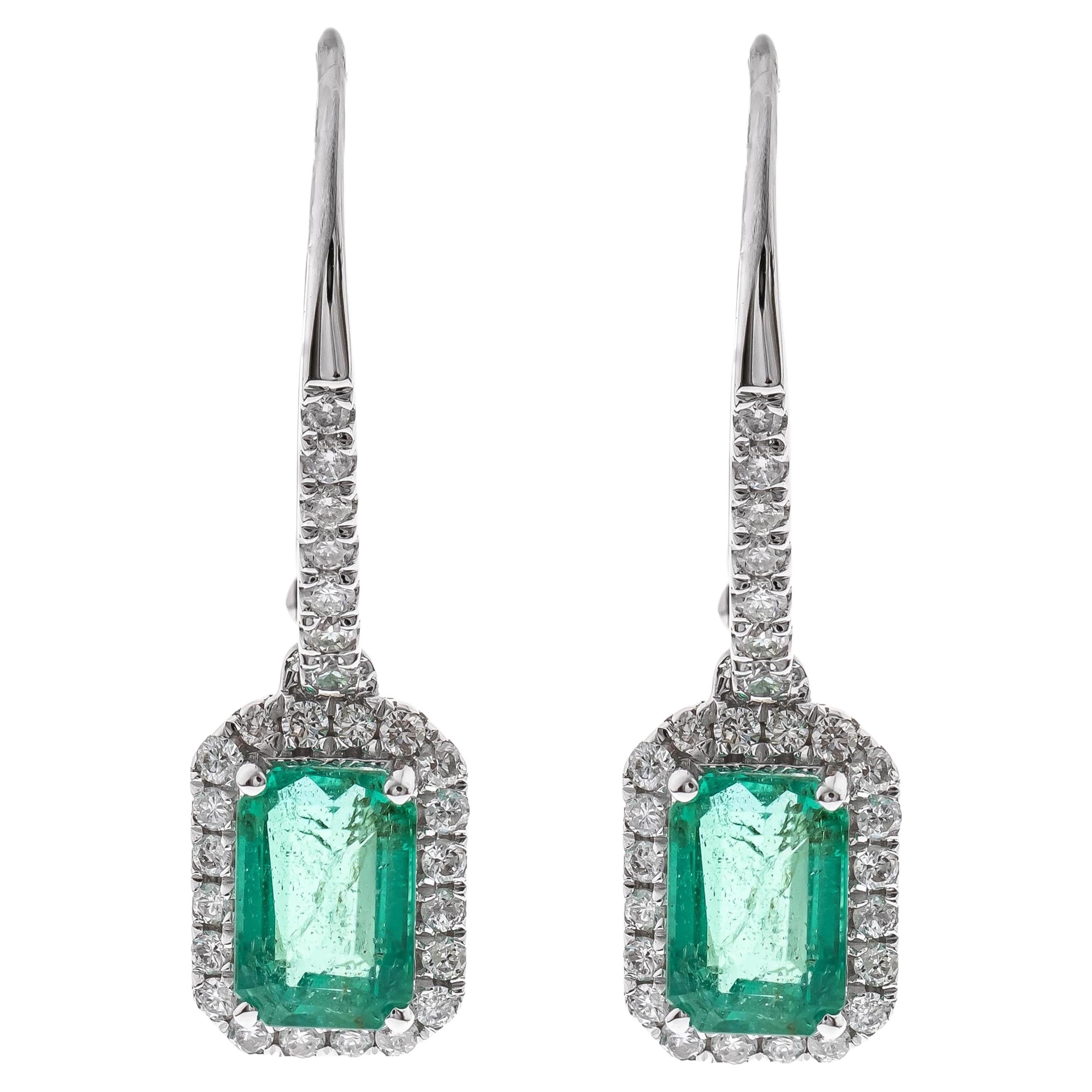 1.22 carat Emerald-cut Emerald With Diamond accents 14K White Gold Earring. For Sale