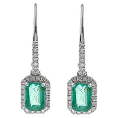 1.22 carat Emerald-cut Emerald With Diamond accents 14K White Gold Earring.