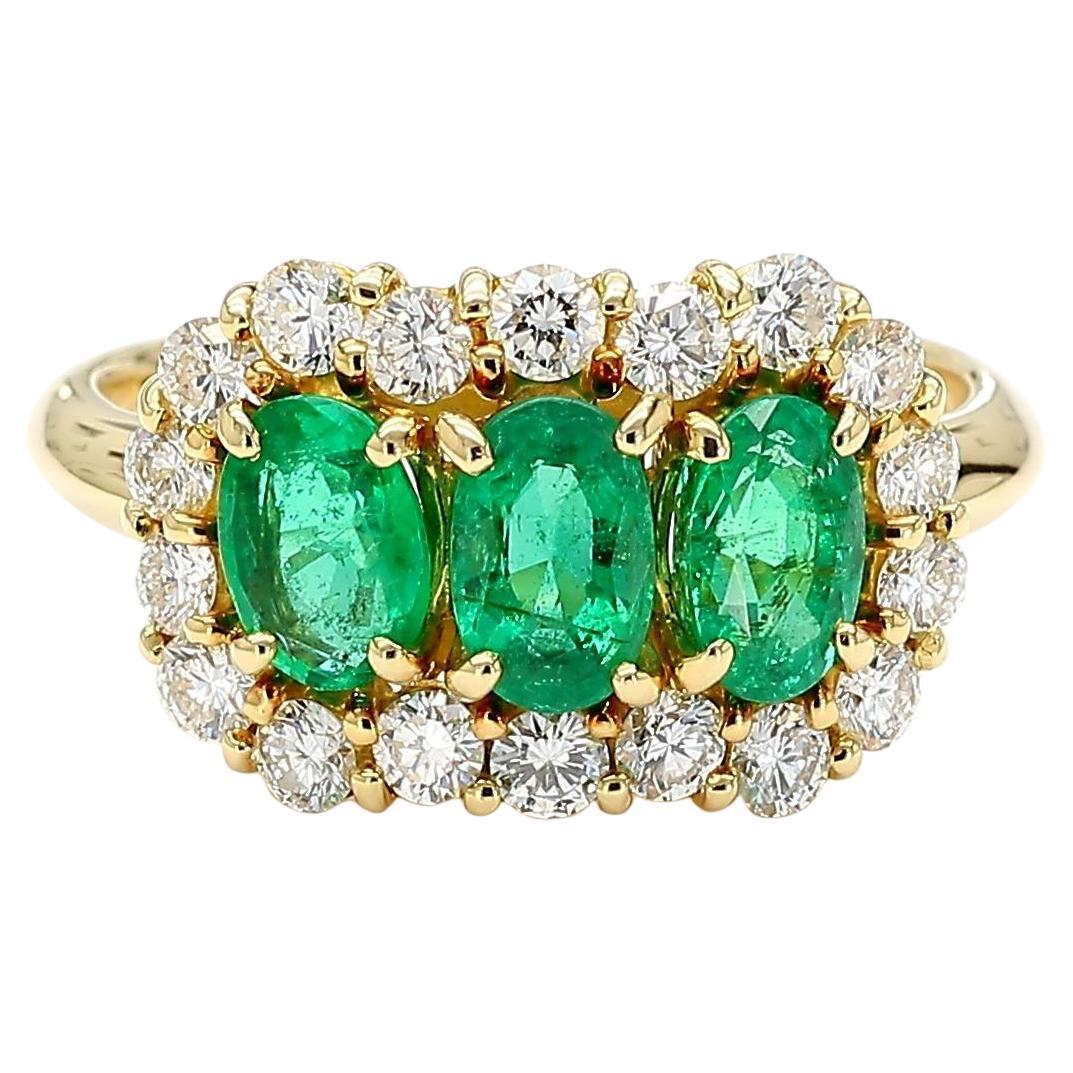 1.22 Carat Emerald 
Diamond 18K Gold Halo Three Stone Band Ring