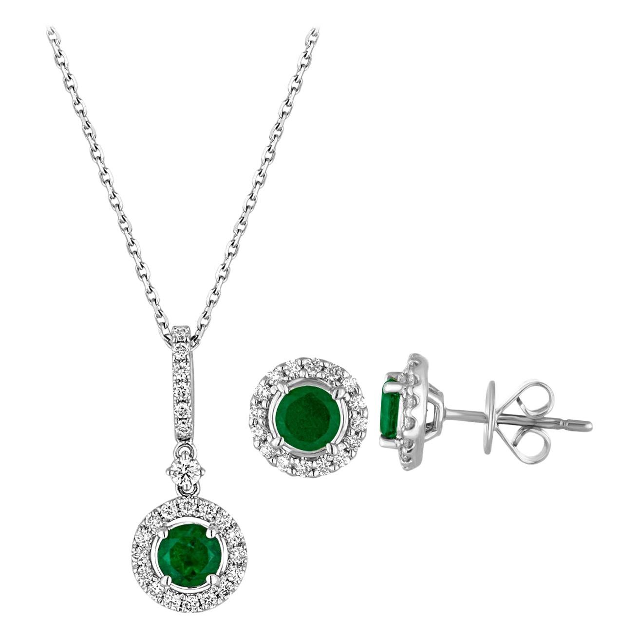 1.22 Carat Emerald Diamond Gold Halo Pendant and Earrings Set