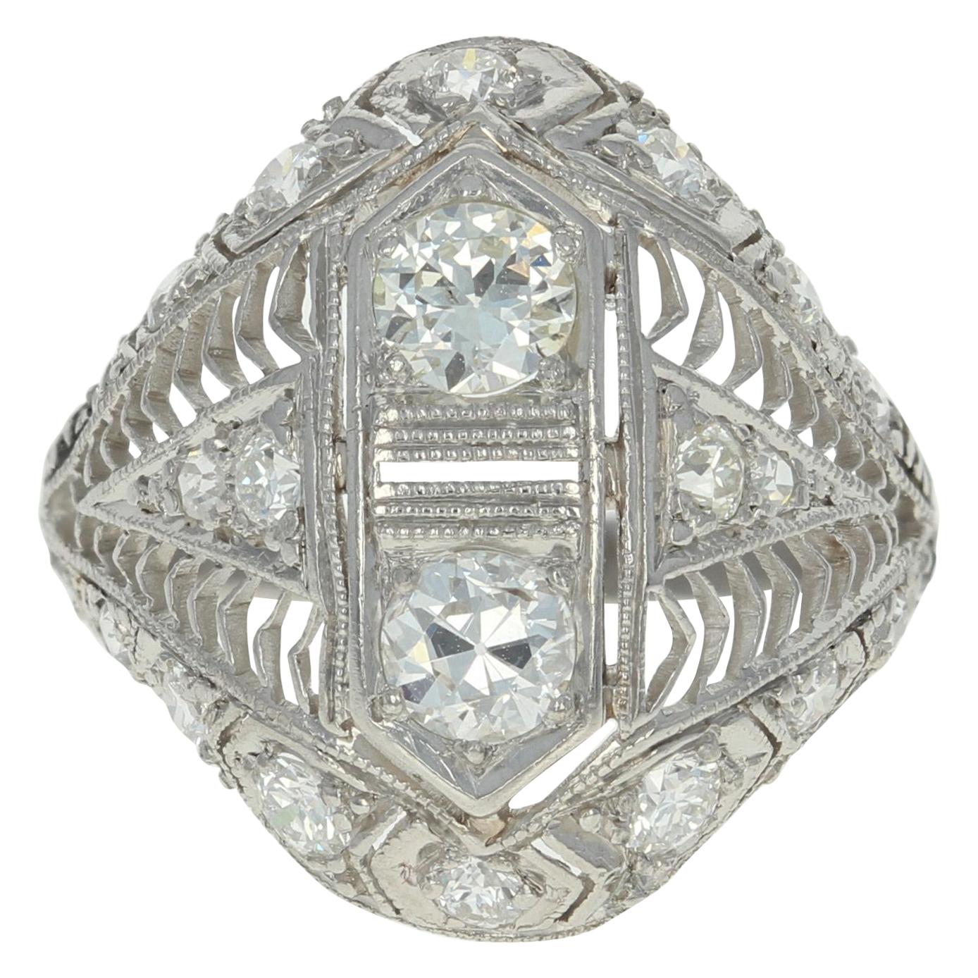 1.22 Carat European Cut Diamond Art Deco Ring, Platinum Vintage