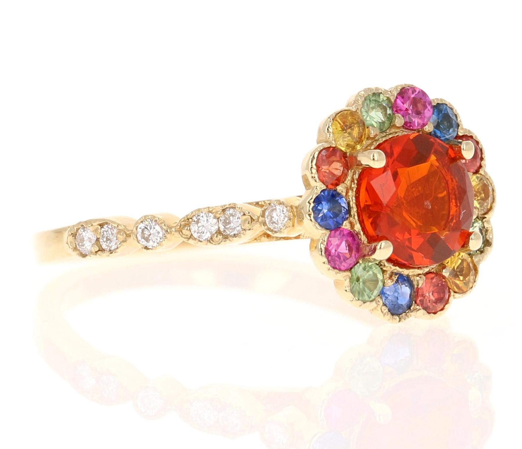 1.22 Carat Fire Opal Sapphire Diamond Yellow Gold Cocktail Ring

This ring has a 0.57 carat Round Cut Fire Opal in the center of the ring and is surrounded by a halo of 14 Multi- Colored Sapphires that weigh a total of 0.52 carats and there are 12
