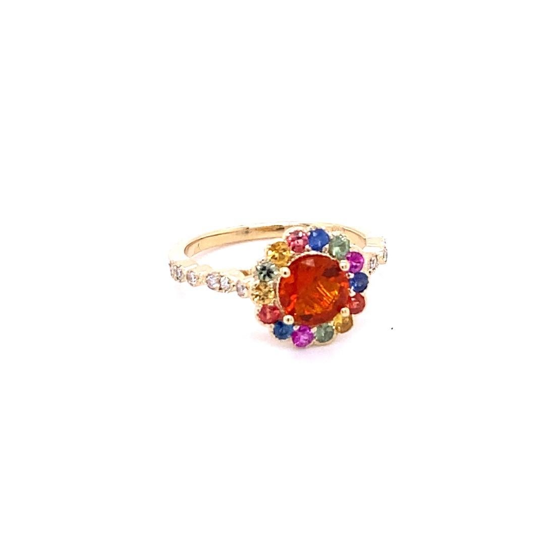 Contemporary 1.22 Carat Fire Opal Sapphire Diamond Yellow Gold Ring For Sale