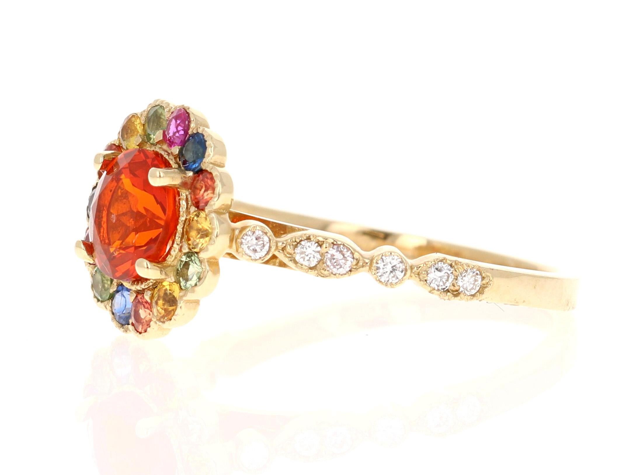 Contemporary 1.22 Carat Fire Opal Sapphire Diamond Yellow Gold Ring For Sale