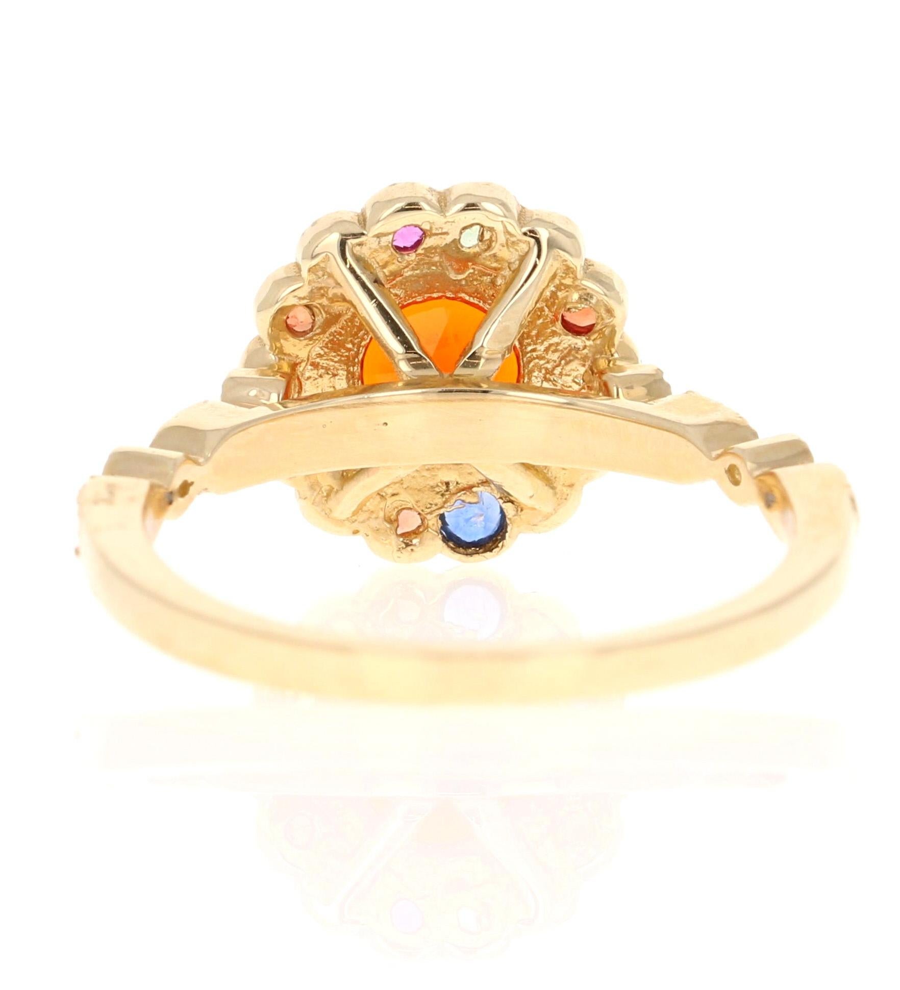 Round Cut 1.22 Carat Fire Opal Sapphire Diamond Yellow Gold Ring For Sale