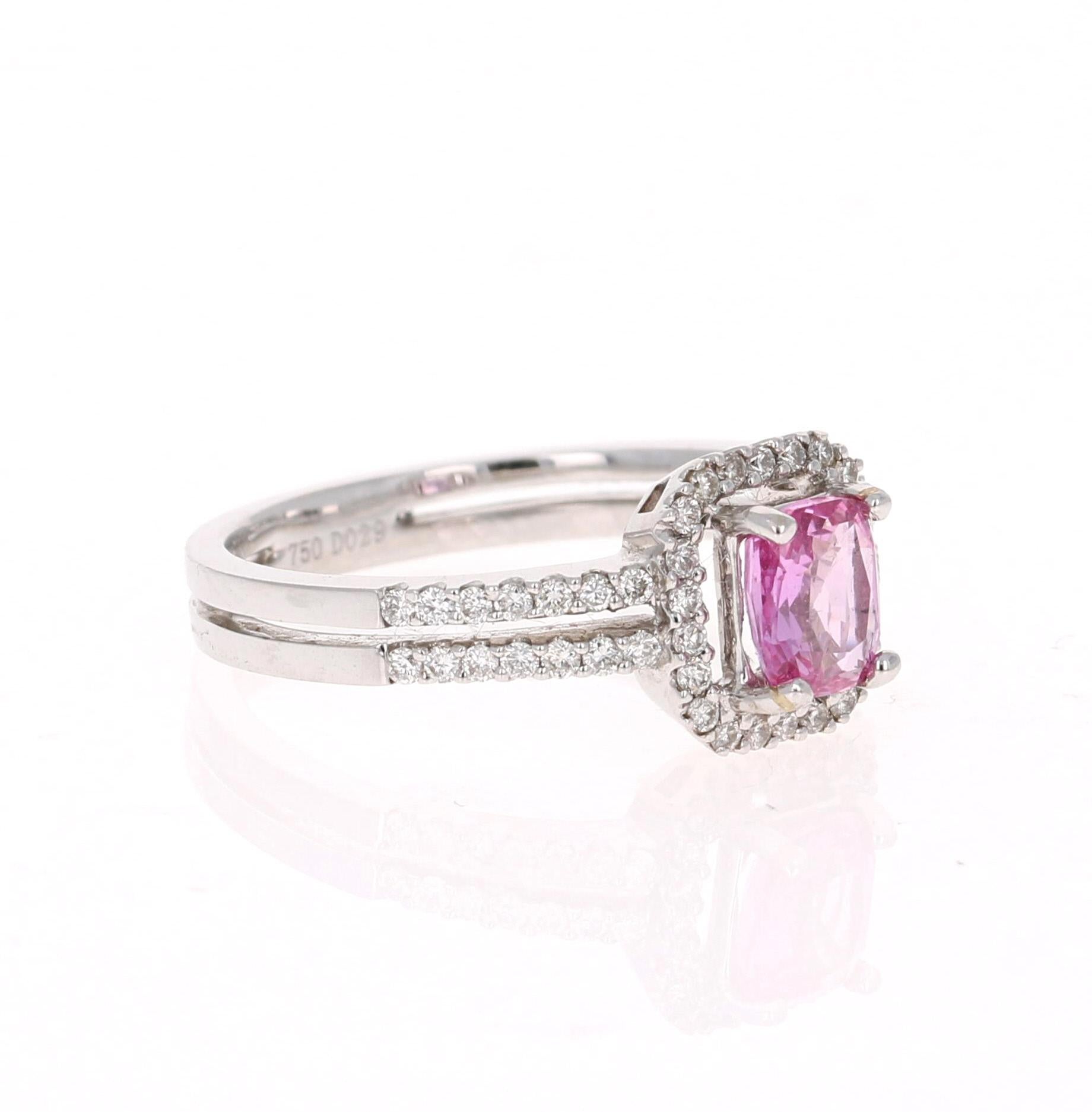 Cushion Cut 1.22 Carat GIA Certified Pink Sapphire Diamond Ring 14 Karat White Gold