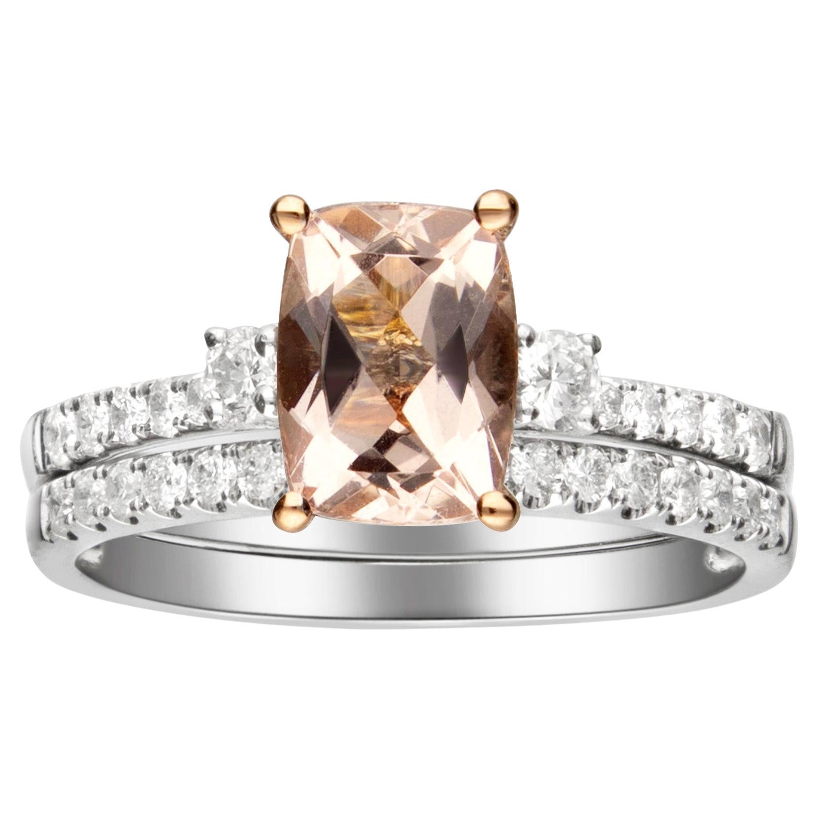1.22 Carat Morganite Cushion Cut Diamond Accents 14K Two Tone Bridal Ring For Sale