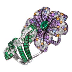 12.2 Carat Multi-Color Sapphire Emerald Diamond 18K Gold Full Finger Floral Ring