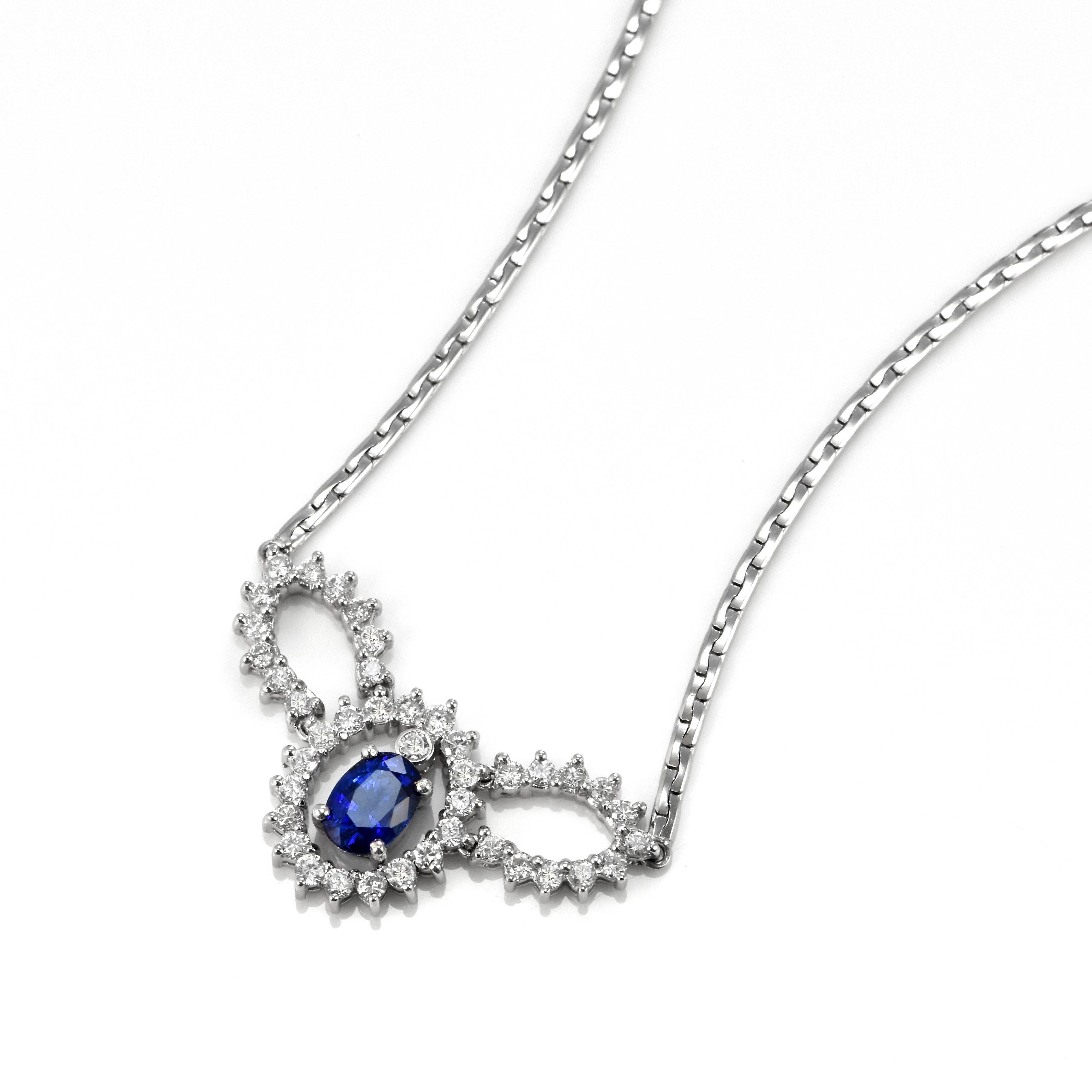 A beautiful necklace featuring a 1.22 Carat Natural Royal Blue Sapphire and 0.78 Carats Diamond Accents set in Platinum. Sapphires have extraordinary durability - they excel in hardness as well as toughness and durability making them very popular in