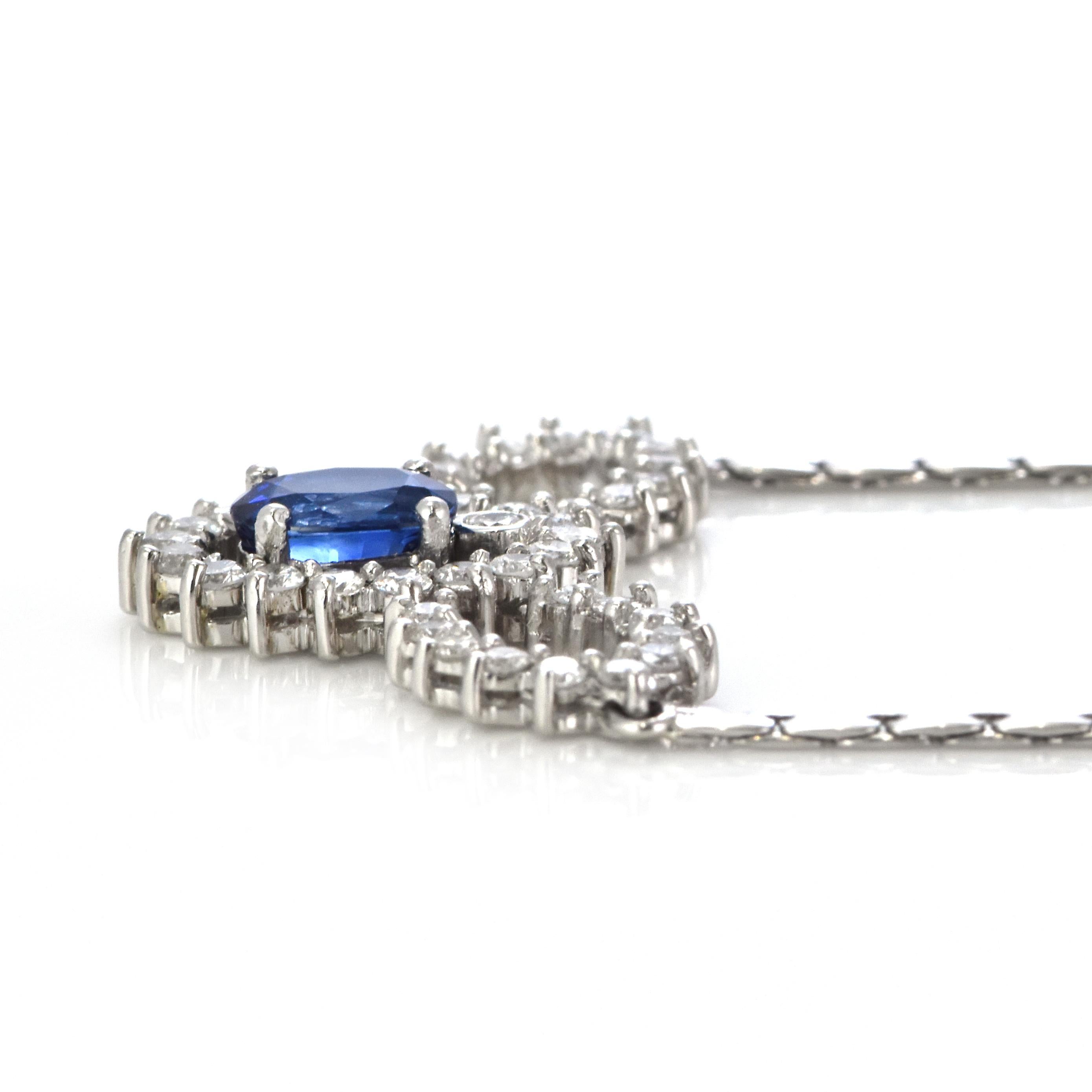Women's 1.22 Carat Natural Royal Blue Sapphire and Diamond Necklace Made in Platinum For Sale