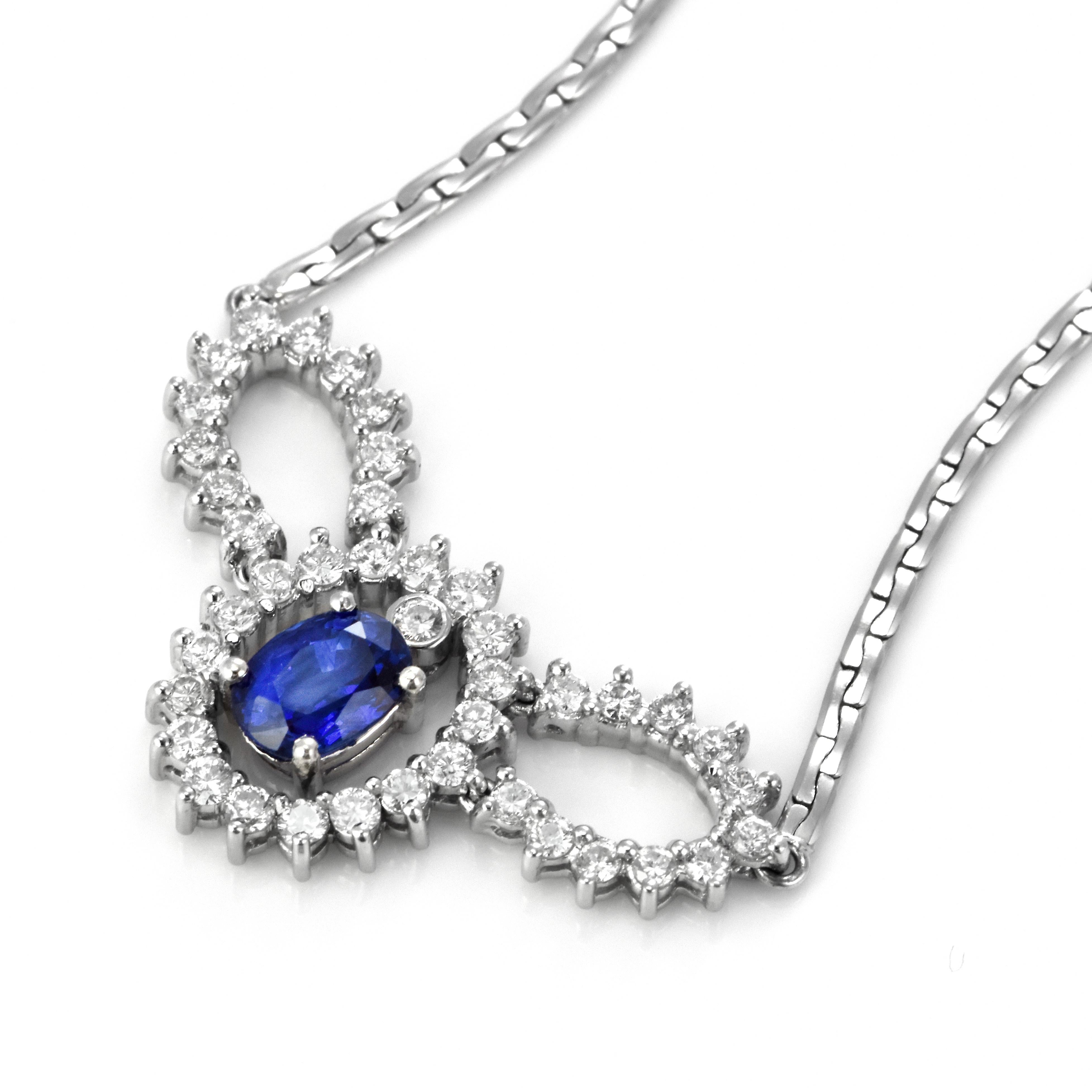 1.22 Carat Natural Royal Blue Sapphire and Diamond Necklace Made in Platinum For Sale 1