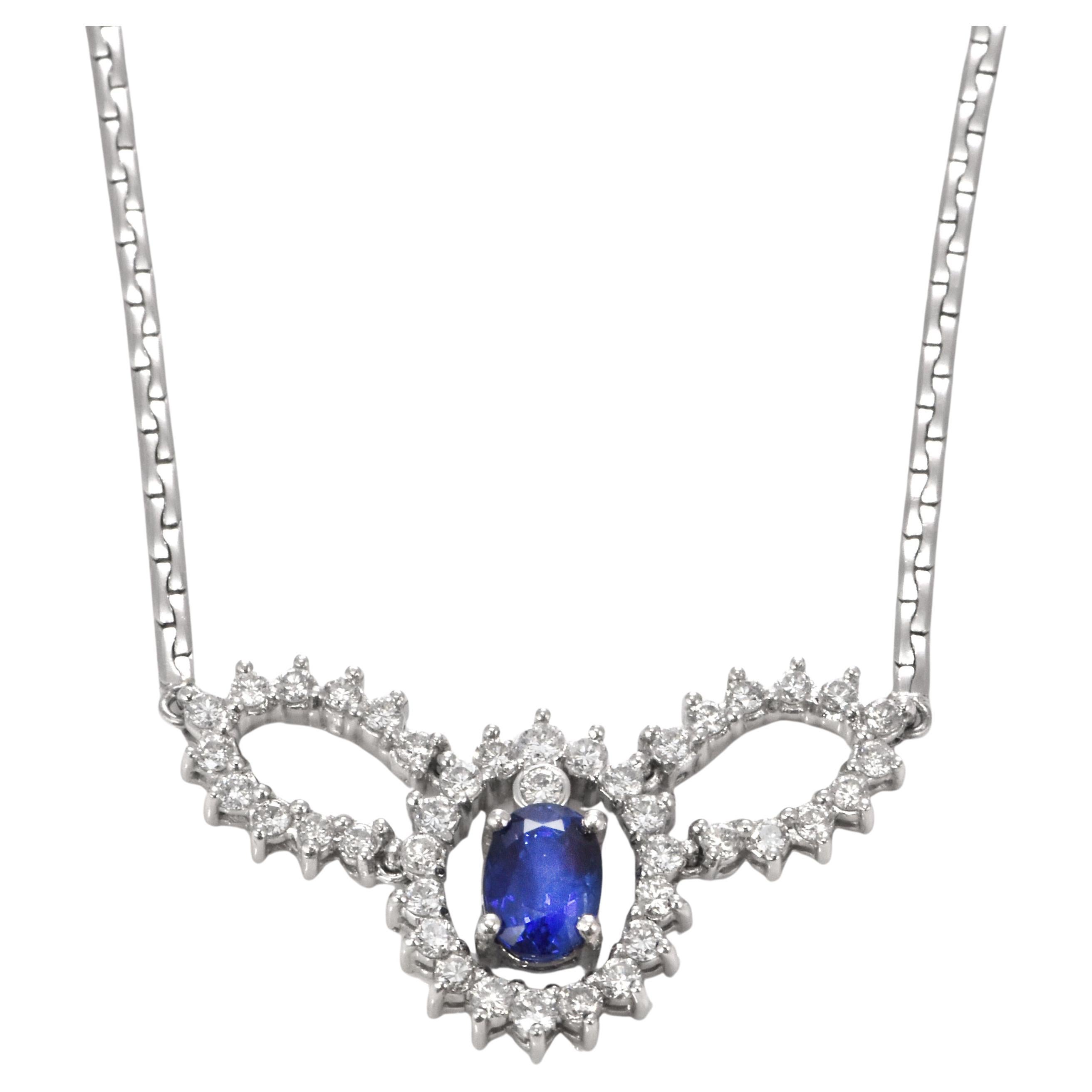 1.22 Carat Natural Royal Blue Sapphire and Diamond Necklace Made in Platinum