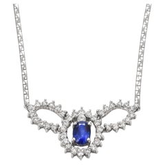 1.22 Carat Natural Royal Blue Sapphire and Diamond Necklace Made in Platinum