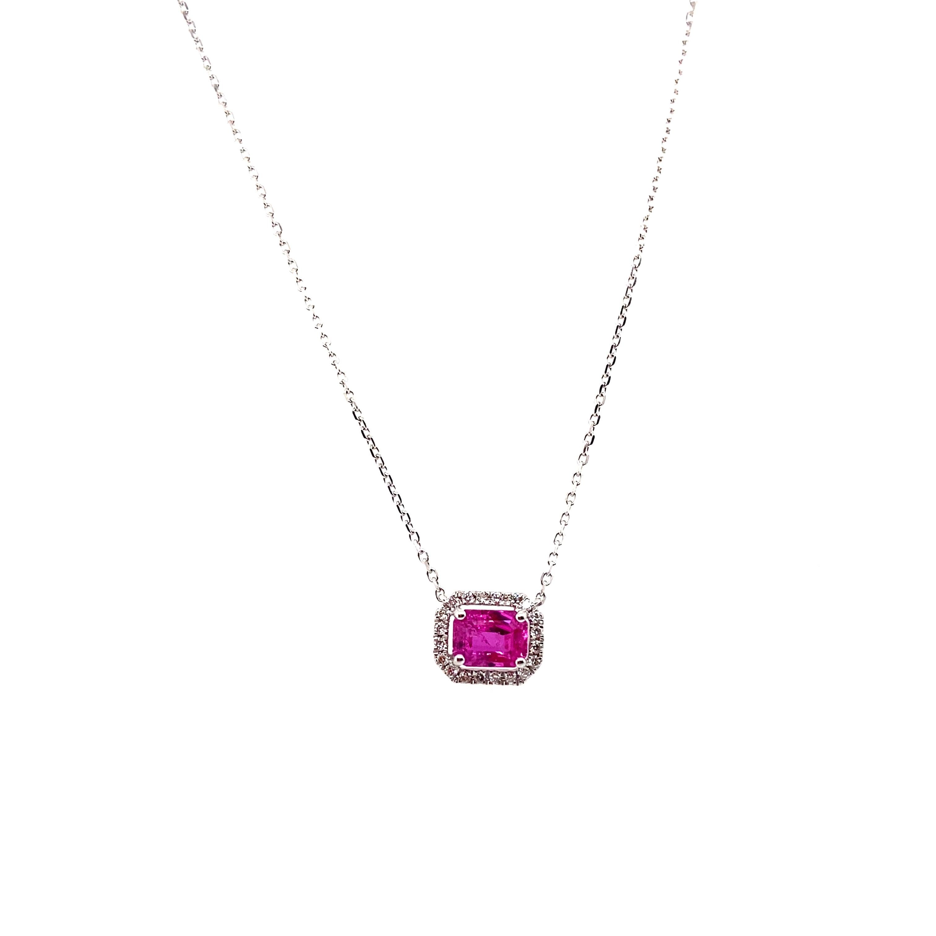 Emerald Cut 1.22 Carat Octagon-Cut Burma No Heat Ruby and White Diamond Pendant Necklace For Sale