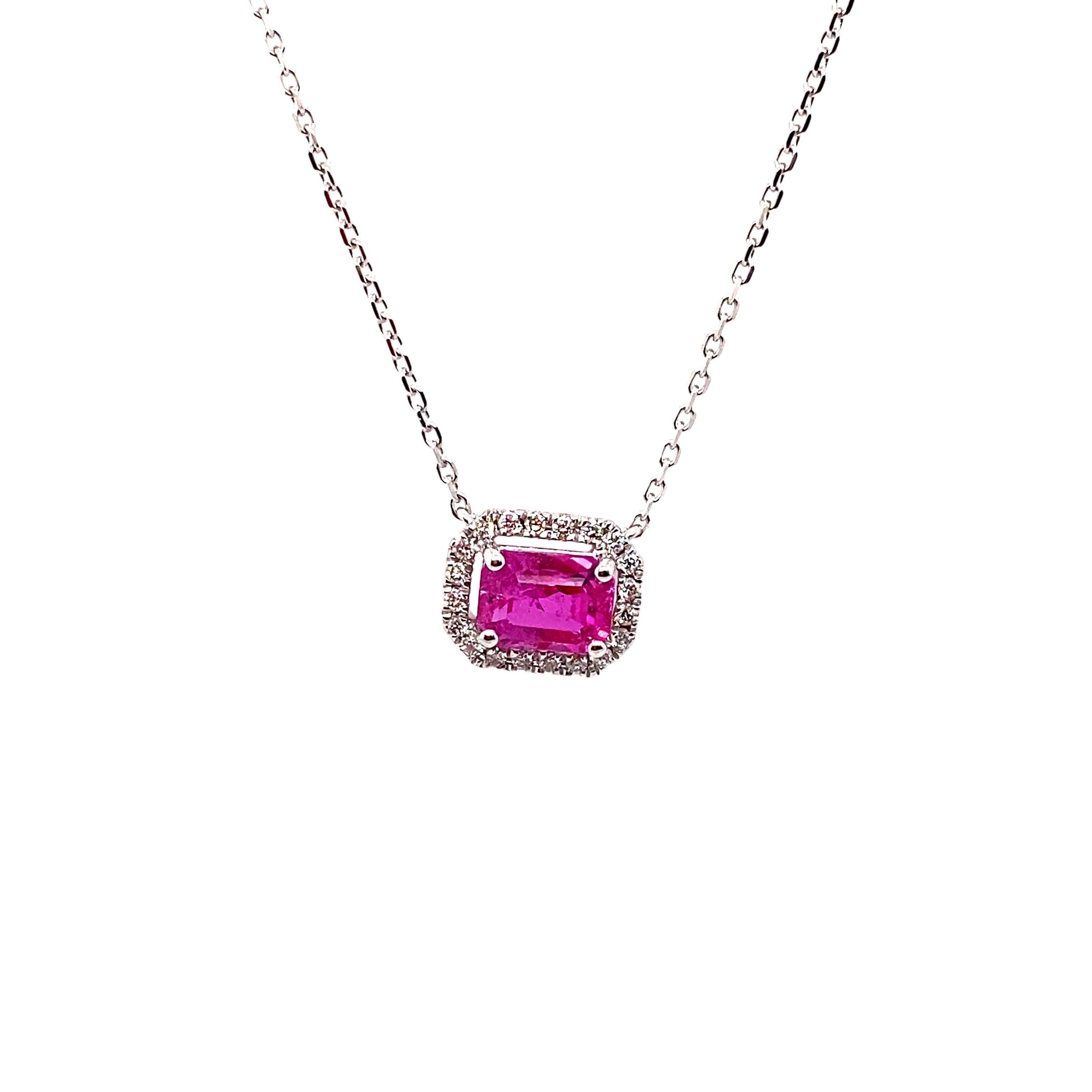 1.22 Carat Octagon-Cut Burma No Heat Ruby and White Diamond Pendant Necklace For Sale 1