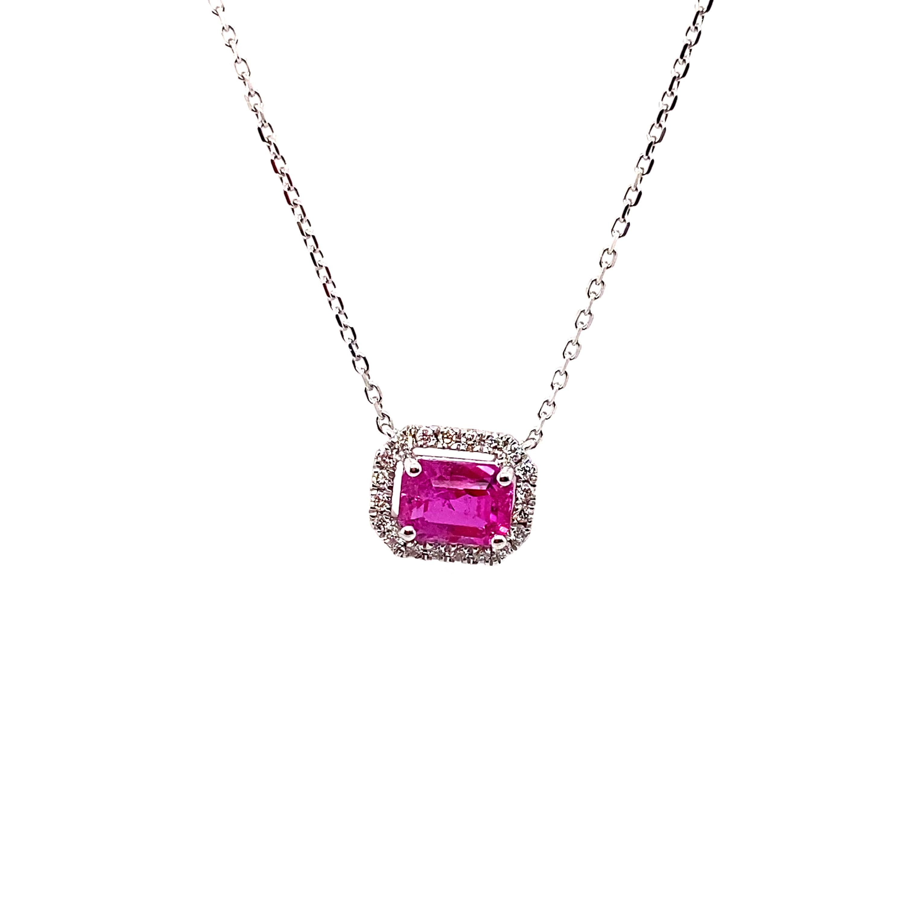 Collana con ciondolo di diamanti bianchi e rubino Burma No Heat da 1,22 carati con taglio ottagonale in vendita 1
