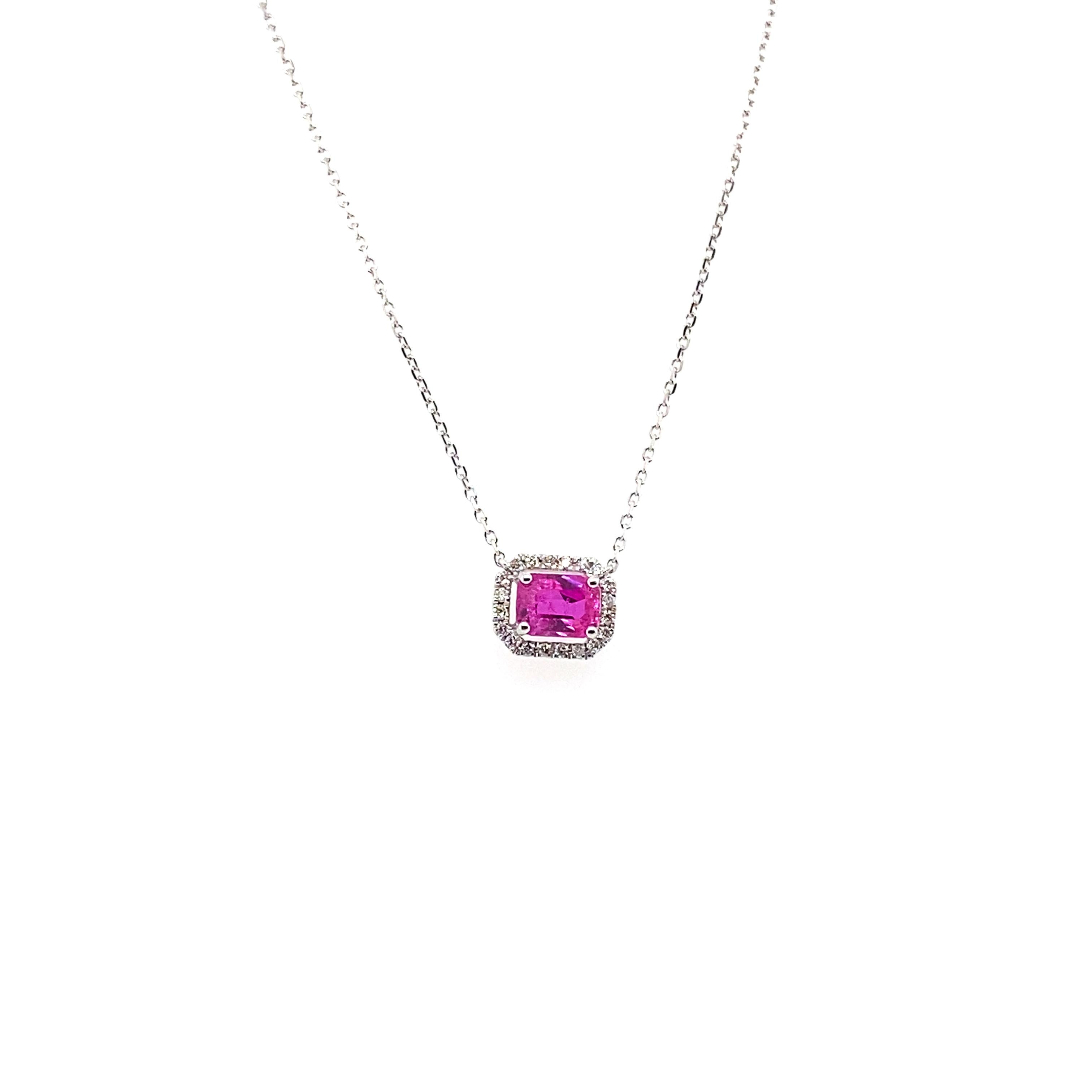 Collana con ciondolo di diamanti bianchi e rubino Burma No Heat da 1,22 carati con taglio ottagonale in vendita 3