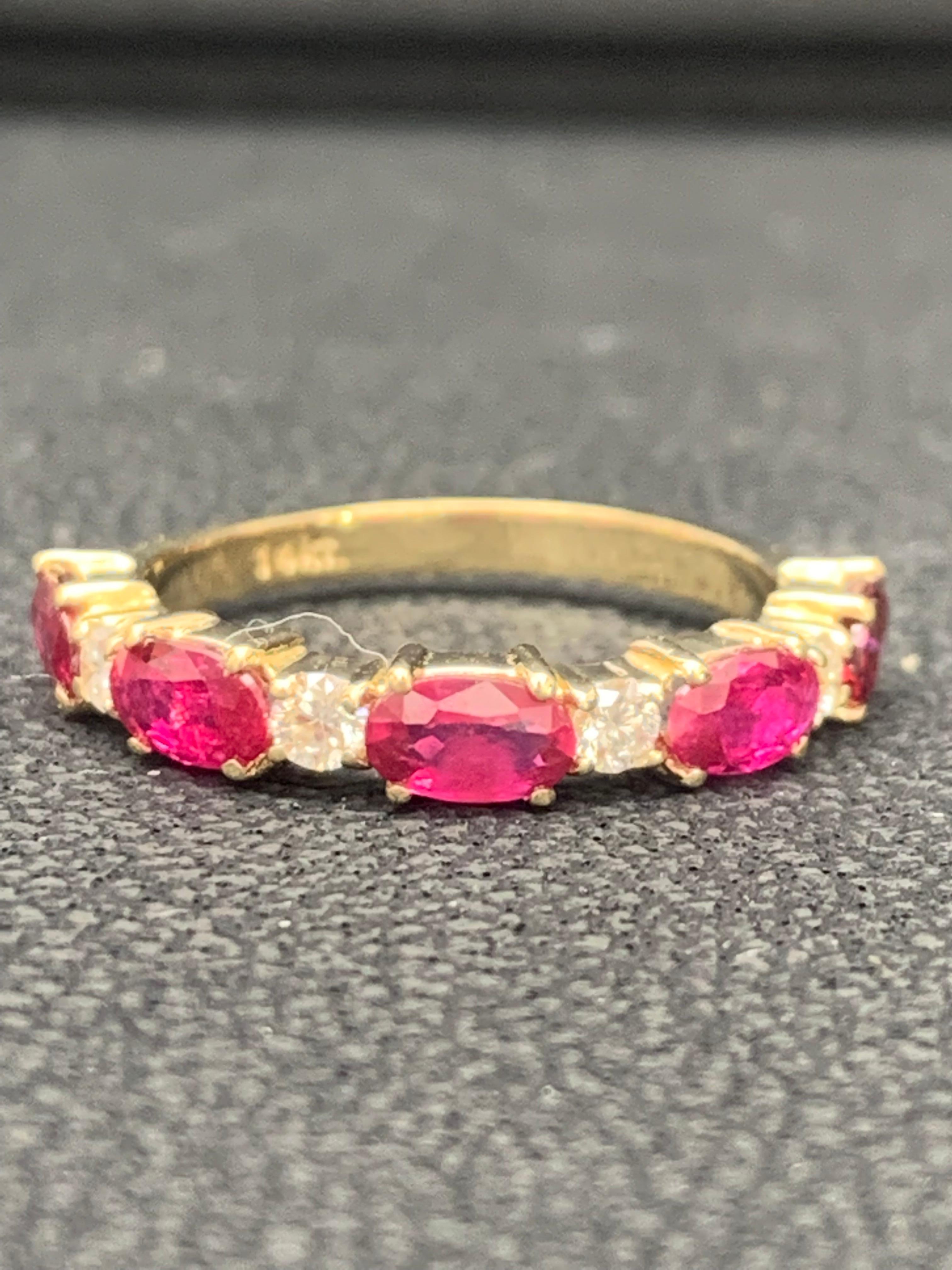 1.22 Carat Oval Cut Alternating Ruby Diamond Wedding Band in 14K Yellow Gold For Sale 4