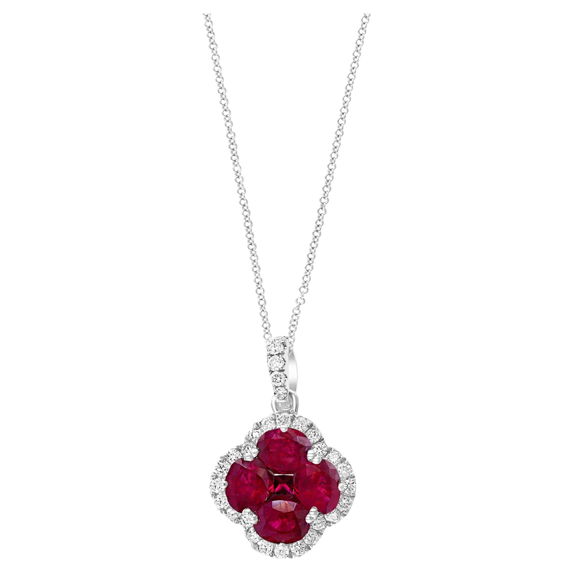 1.22 Carat Oval Cut Ruby and Diamond Pendant Necklace in 18K White Gold For Sale