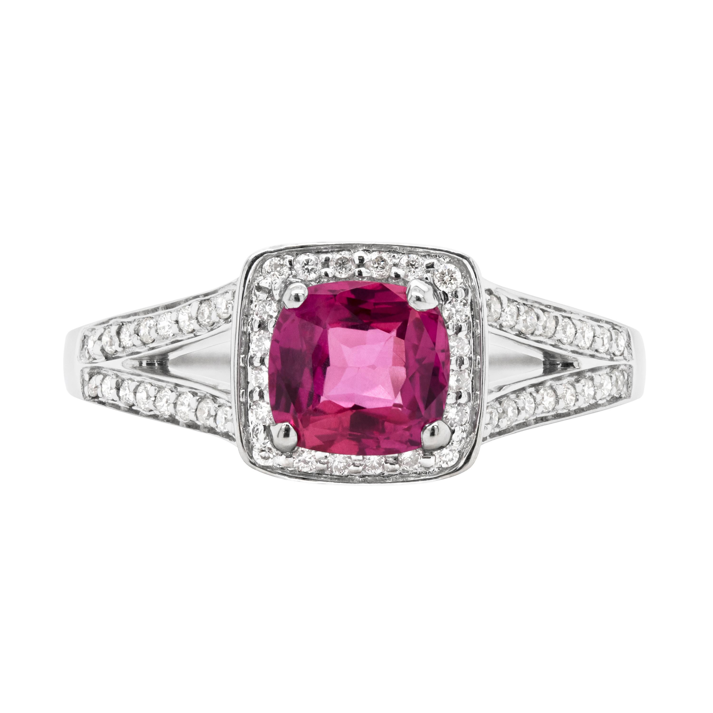 1.22 Carat Pink Sapphire and Diamond 18ct Gold Halo Cluster Engagement Ring For Sale