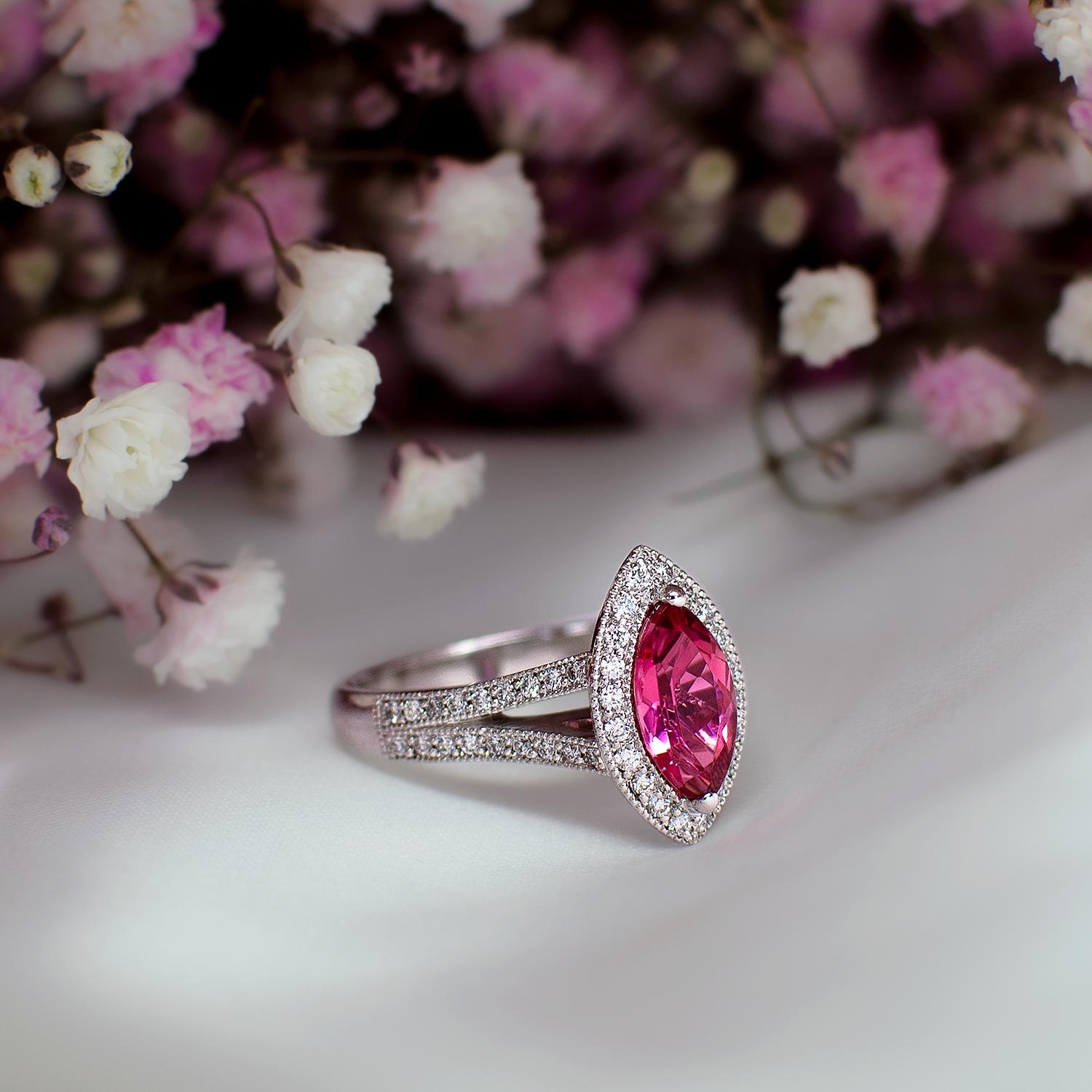 Marquise Cut 1.22 Carat Pink Tourmaline Marquise Diamond Cluster Ring Natalie Barney For Sale