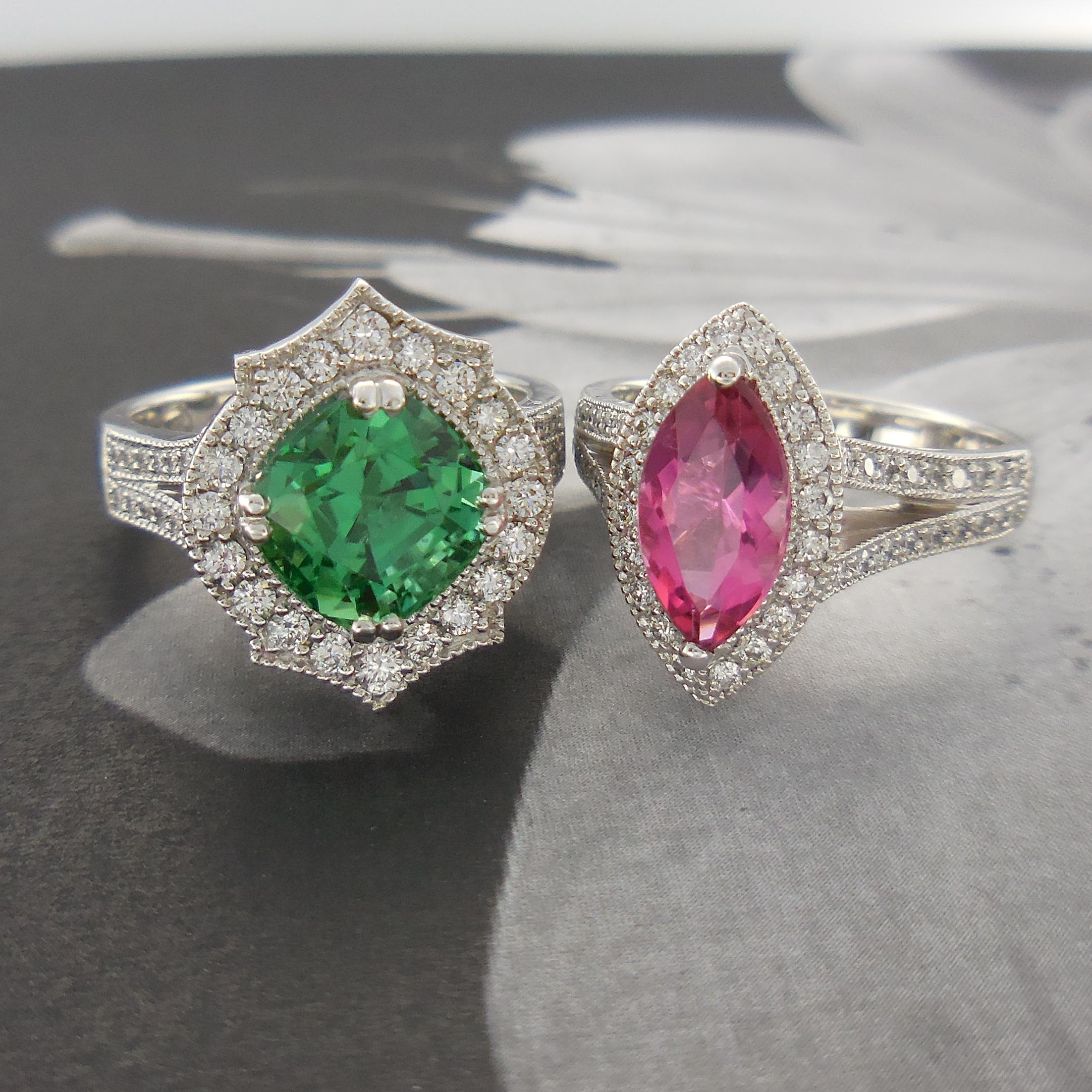 Contemporary 1.22 Carat Pink Tourmaline Marquise Diamond Cluster Ring Natalie Barney For Sale