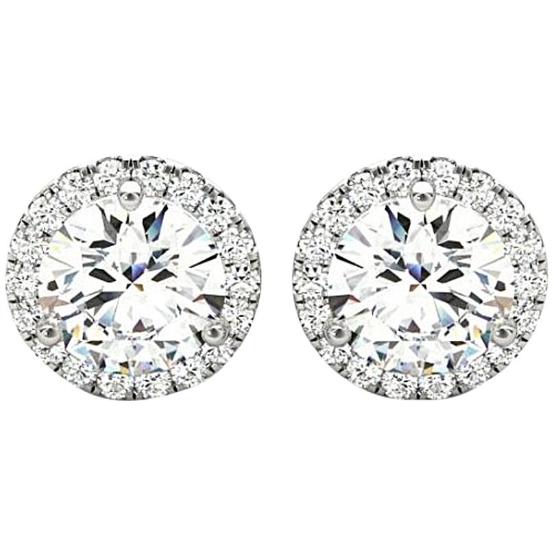 1.22 Carat Round Brilliant Cut Diamond Halo Stud Earrings in 14 Karat White Gold For Sale