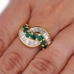 1.22 Carat Round Emerald & Baguette Cut Diamond Wave 18K Gold Band Ring