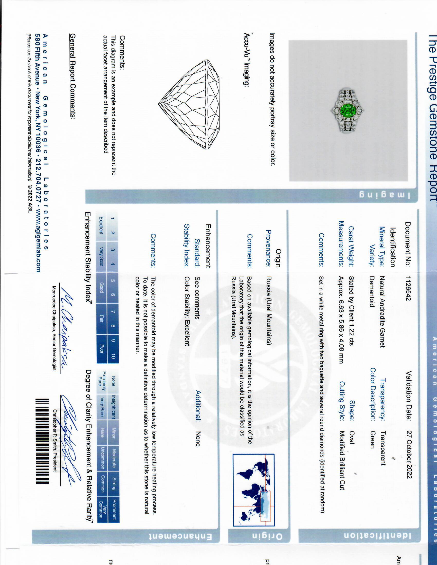 1.22 Carat Russian Demantoid Garnet Diamond Platinum Ring, AGL Certified For Sale 13