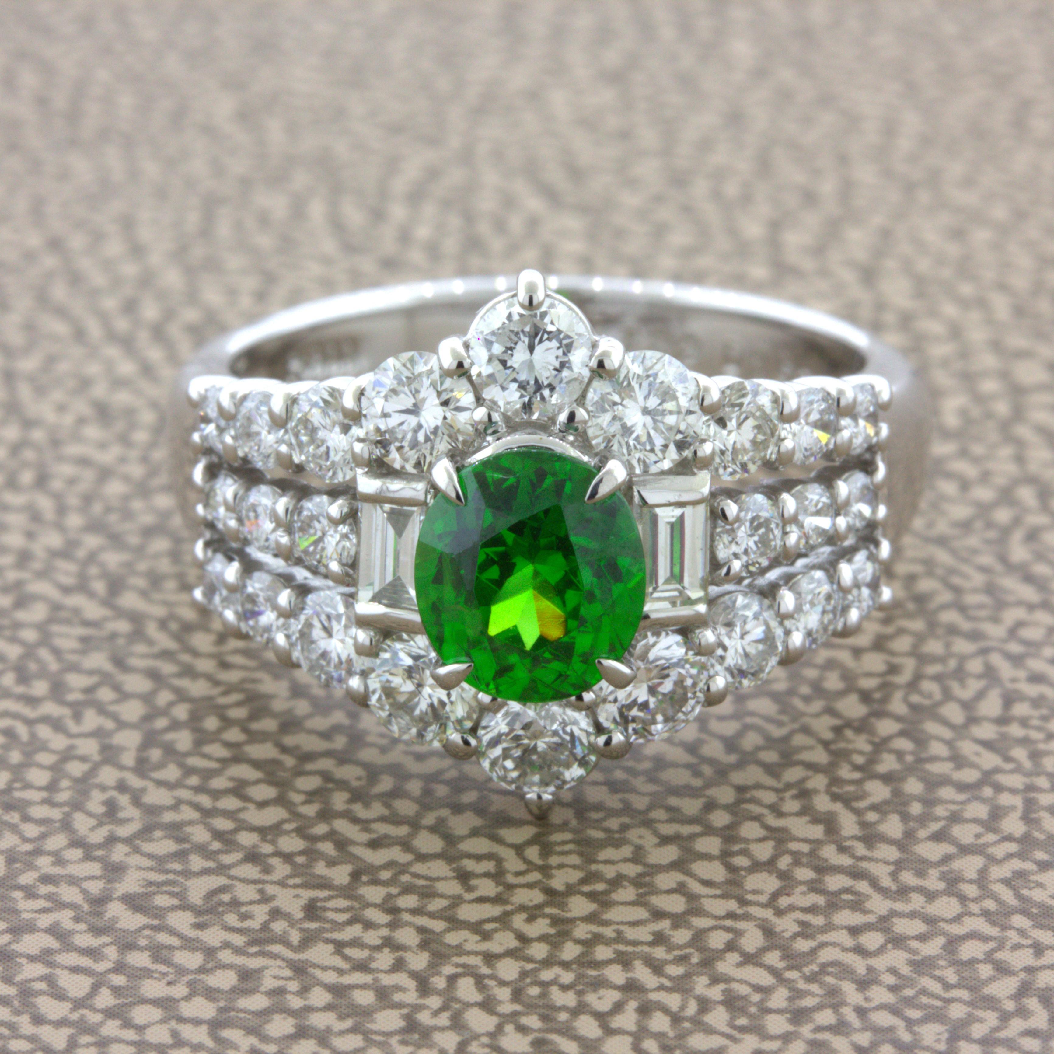 A beautiful and very rare fine gemstone! It is a demantoid garnet from the Ural Mountains in Russia. They are prized for their intense green color that rivals emerald and its high levels of fire which surpass diamond. This example is a 1.22 carat