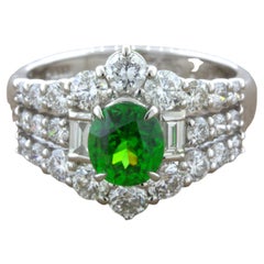 1.22 Carat Russian Demantoid Garnet Diamond Platinum Ring, AGL Certified