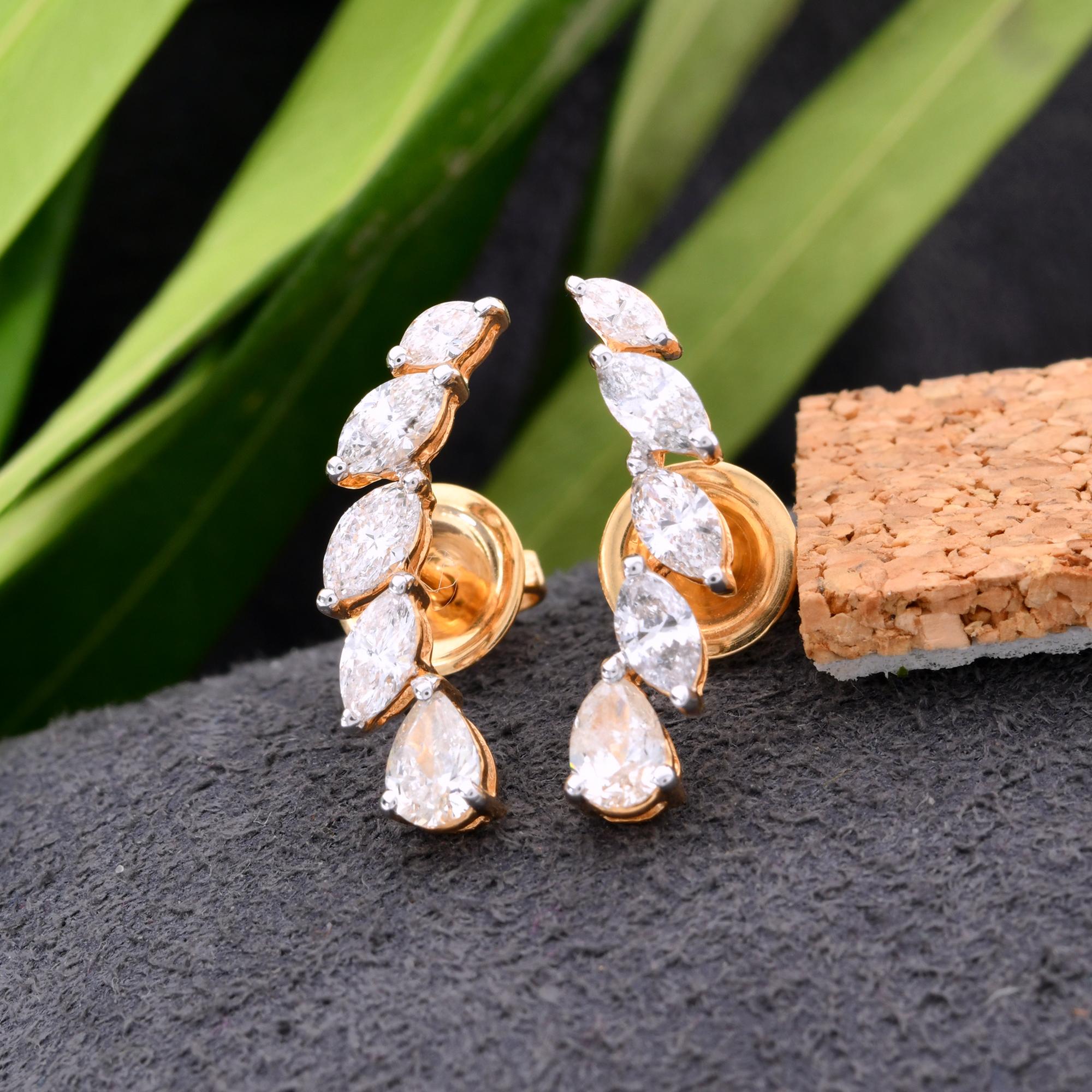 Pear Cut 1.22 Carat SI Clarity HI Color Marquise & Pear Diamond Curve Earrings 18k Gold For Sale