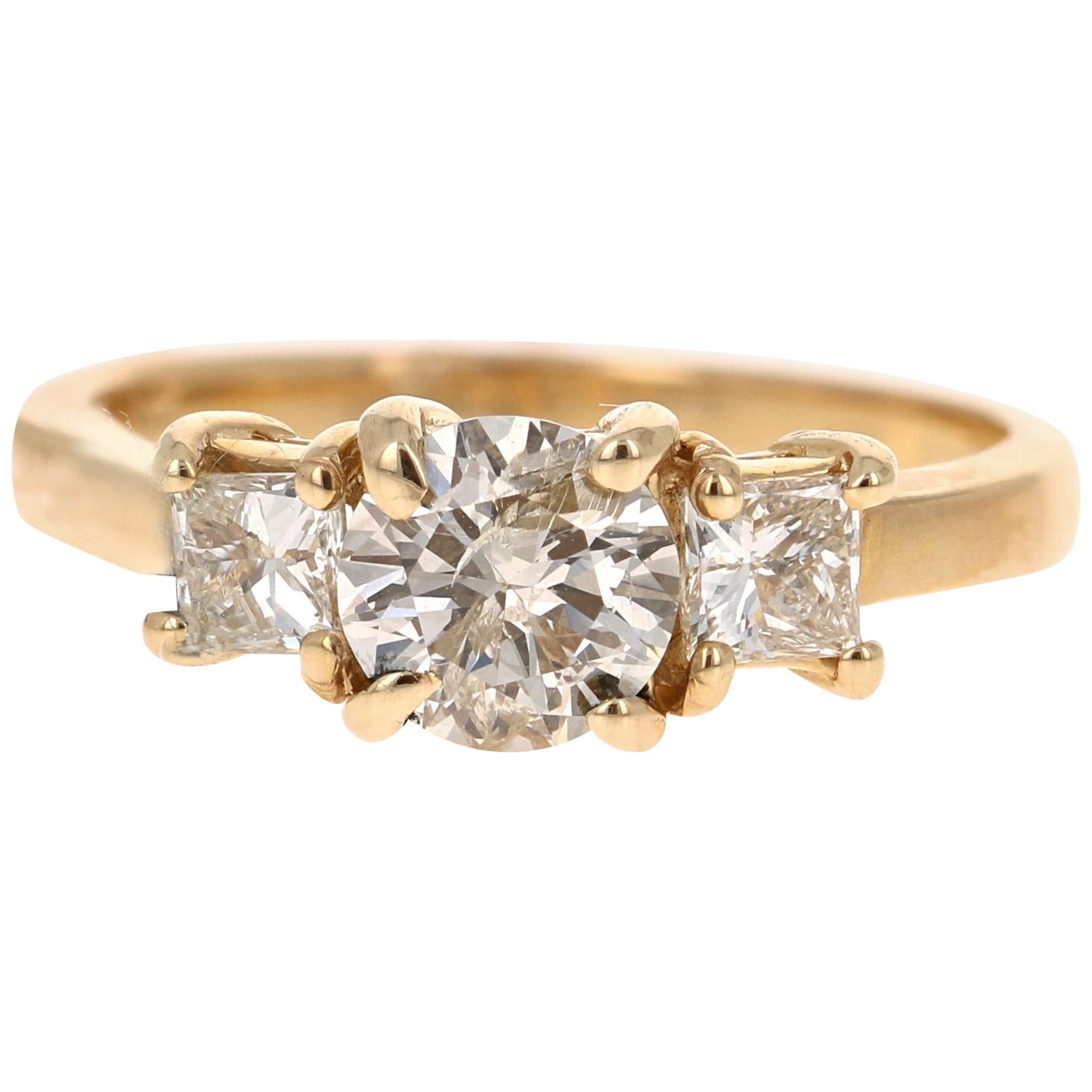 1.22 Carat Three-Stone Diamond 14 Karat Yellow Gold Engagement Ring For Sale