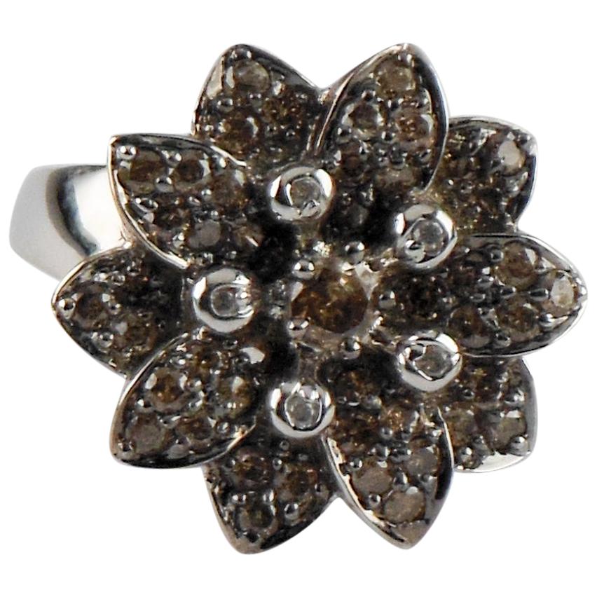 1.22 Carat White and Chocolate Diamond Cluster Flower Ring in White Gold For Sale