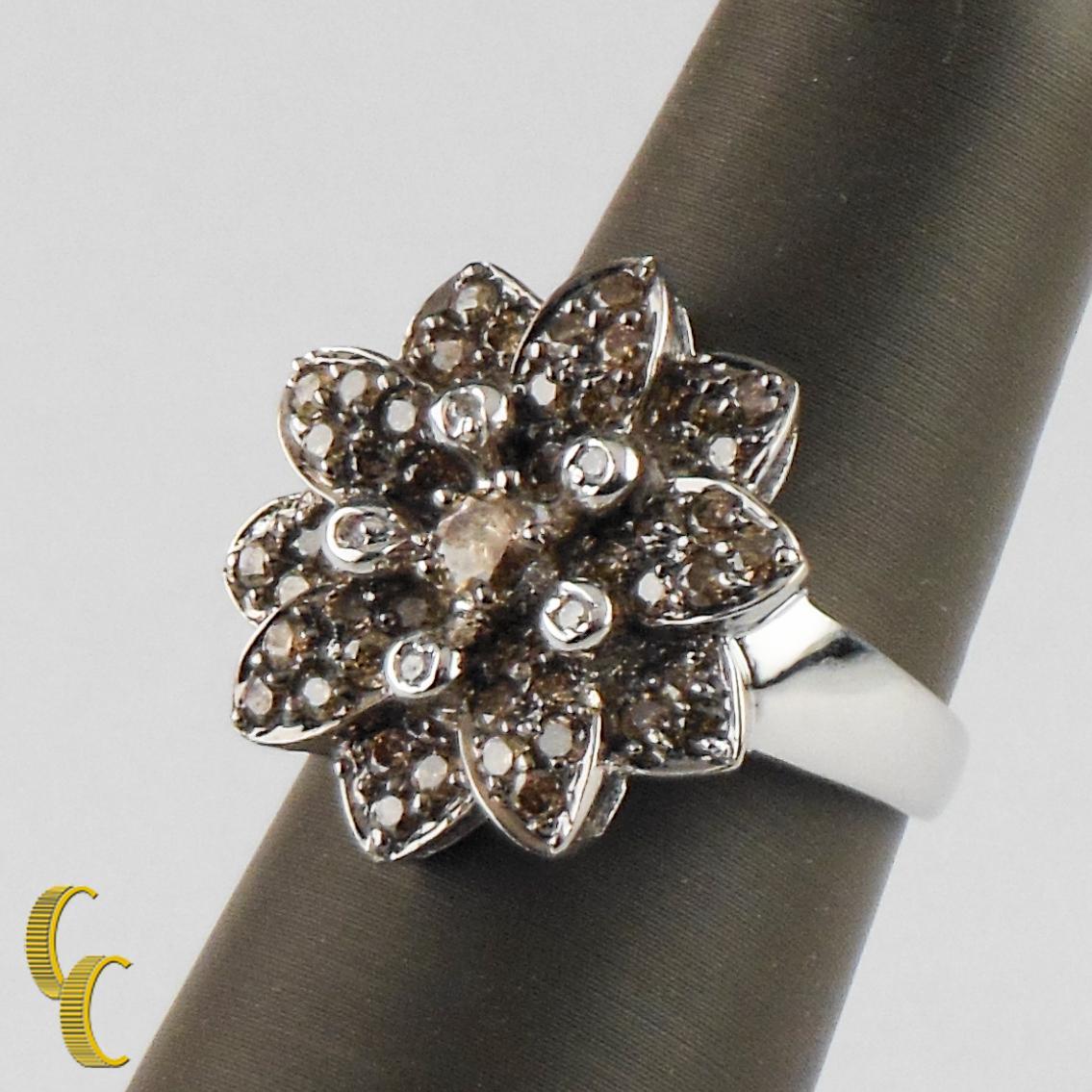 Modern 1.22 Carat White and Chocolate Diamond Cluster Flower Ring in White Gold For Sale