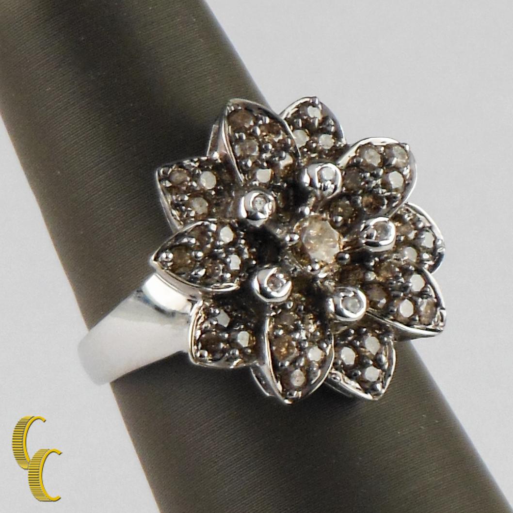 Round Cut 1.22 Carat White and Chocolate Diamond Cluster Flower Ring in White Gold For Sale