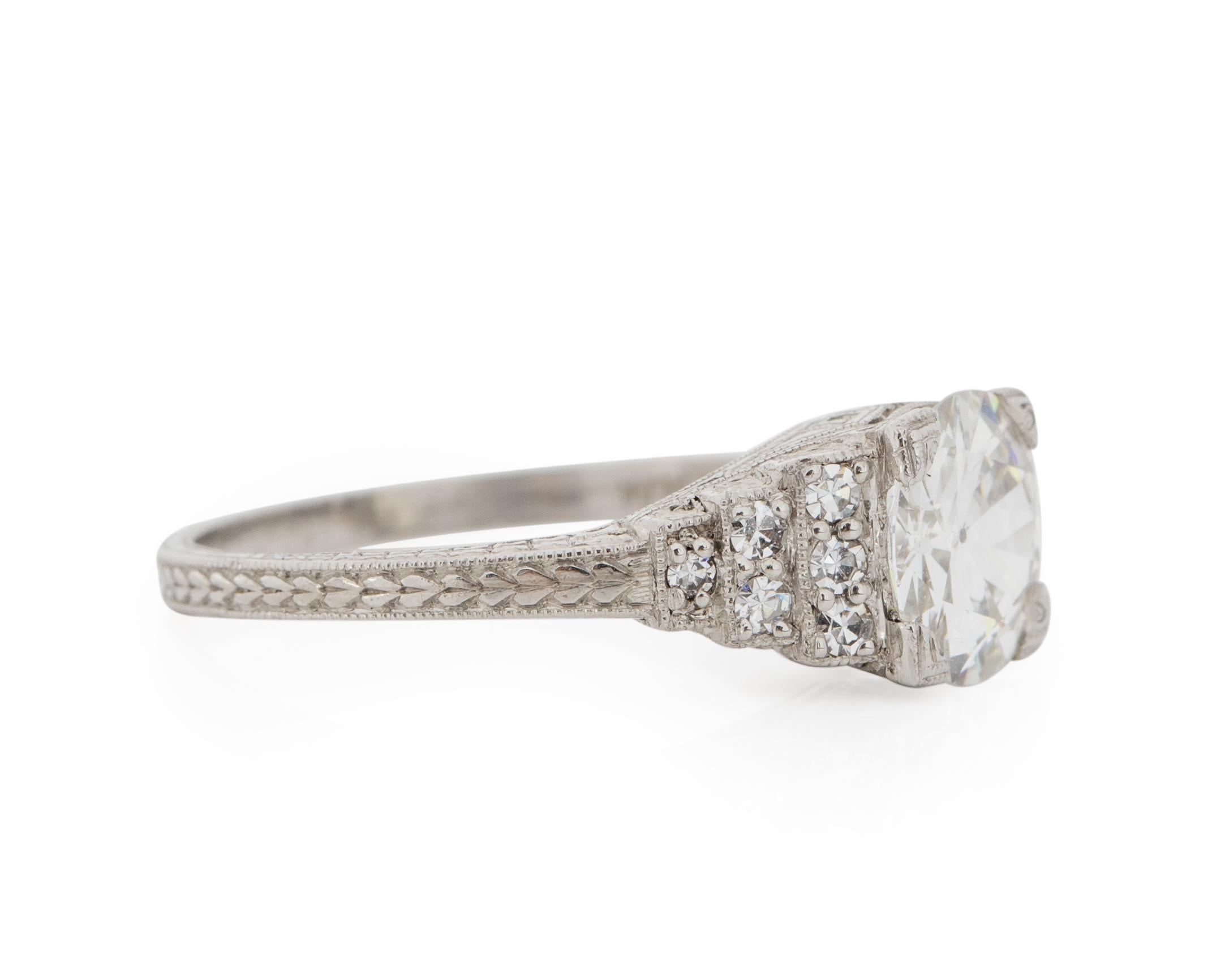 Item Details: 
Ring Size: 6
Metal Type: Platinum [Hallmarked, and Tested]
Weight: 3 grams
Maker: WK & CO.

Center Diamond Details:
GIA REPORT#: 5212273959
Weight: 1.22 Carat
Cut: Old European Brilliant
Color: G
Clarity: VS1
Measurements: