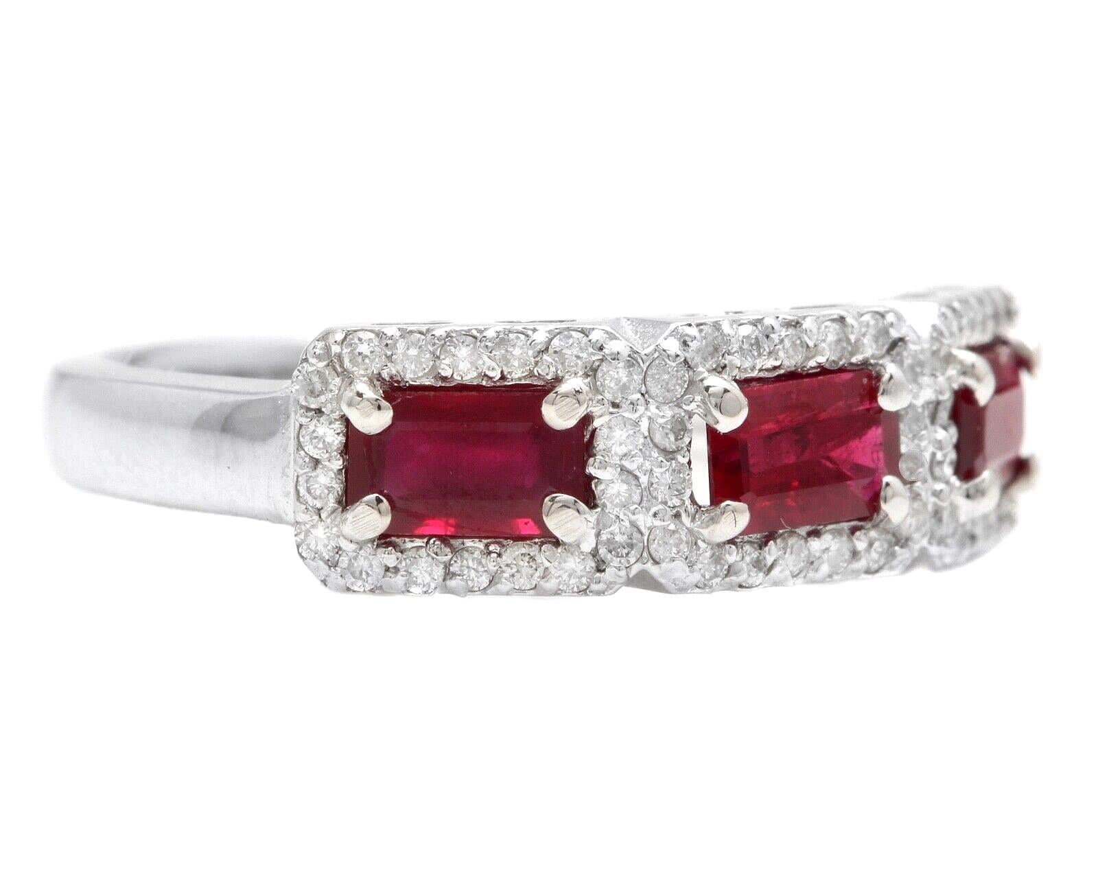 1.22 Carats Impressive Natural Red Ruby and Diamond 14K White Gold Ring

Suggested Replacement Value $5,000.00

Total Natural Emerald Cut Red Ruby Weight is: Approx. 1.00 Carat 

Ruby Measures: Approx. 5.00 X 3.00mm 

Natural Round Diamonds Weight: