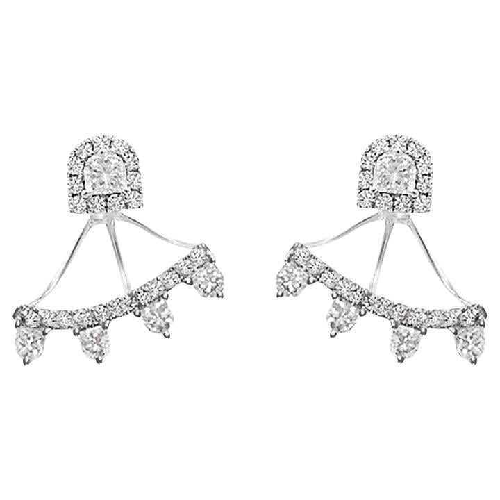 Adjustable Diamond Fan Earrings in 18K White Gold – Shield & Round Cut Diamonds For Sale