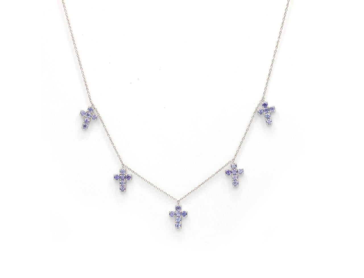 Contemporary 1.22 Ct Blue Tanzanite 18 Karat White Gold Cross Necklace For Sale